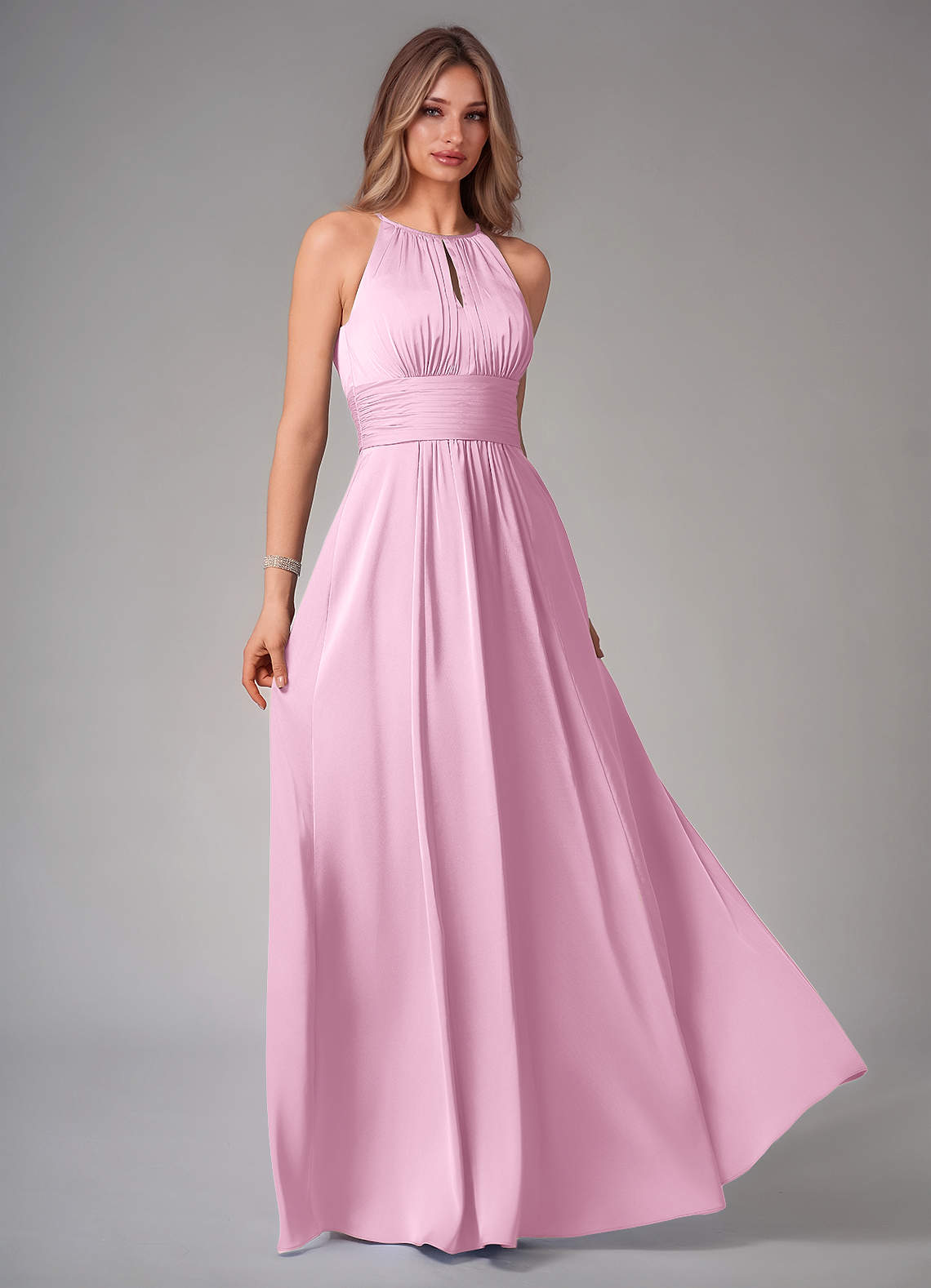 Bonnie A-Line Halter Stretch Satin Bridesmaid Dress in candy pink