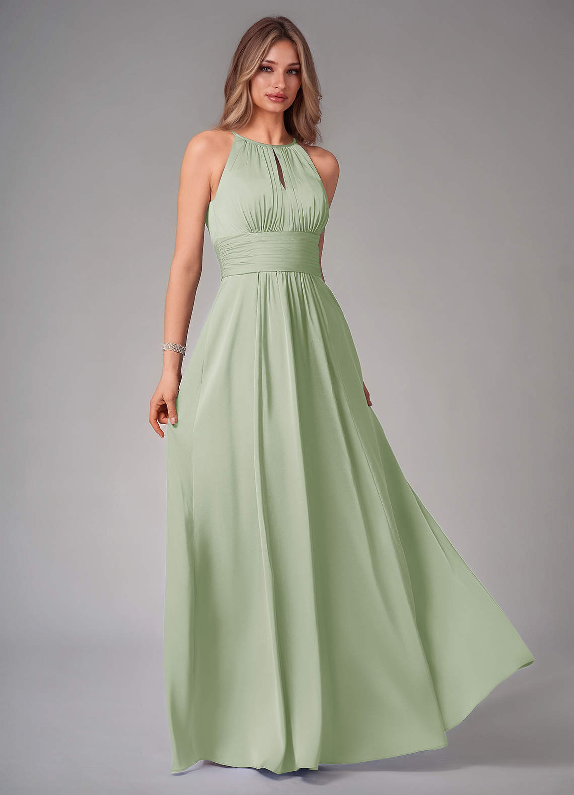 Bonnie A-Line Halter Stretch Satin Bridesmaid Dress in Dusty Sage