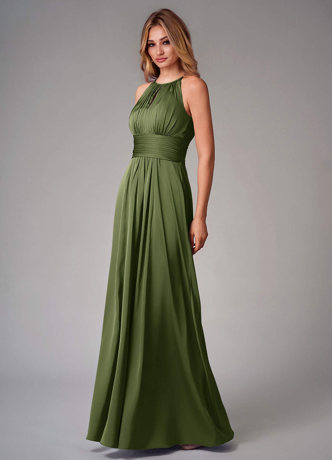 Bonnie A-Line Halter Stretch Satin Bridesmaid Dress in Olive