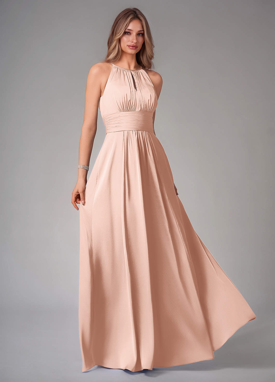 Bonnie A-Line Halter Stretch Satin Bridesmaid Dress in rose gold