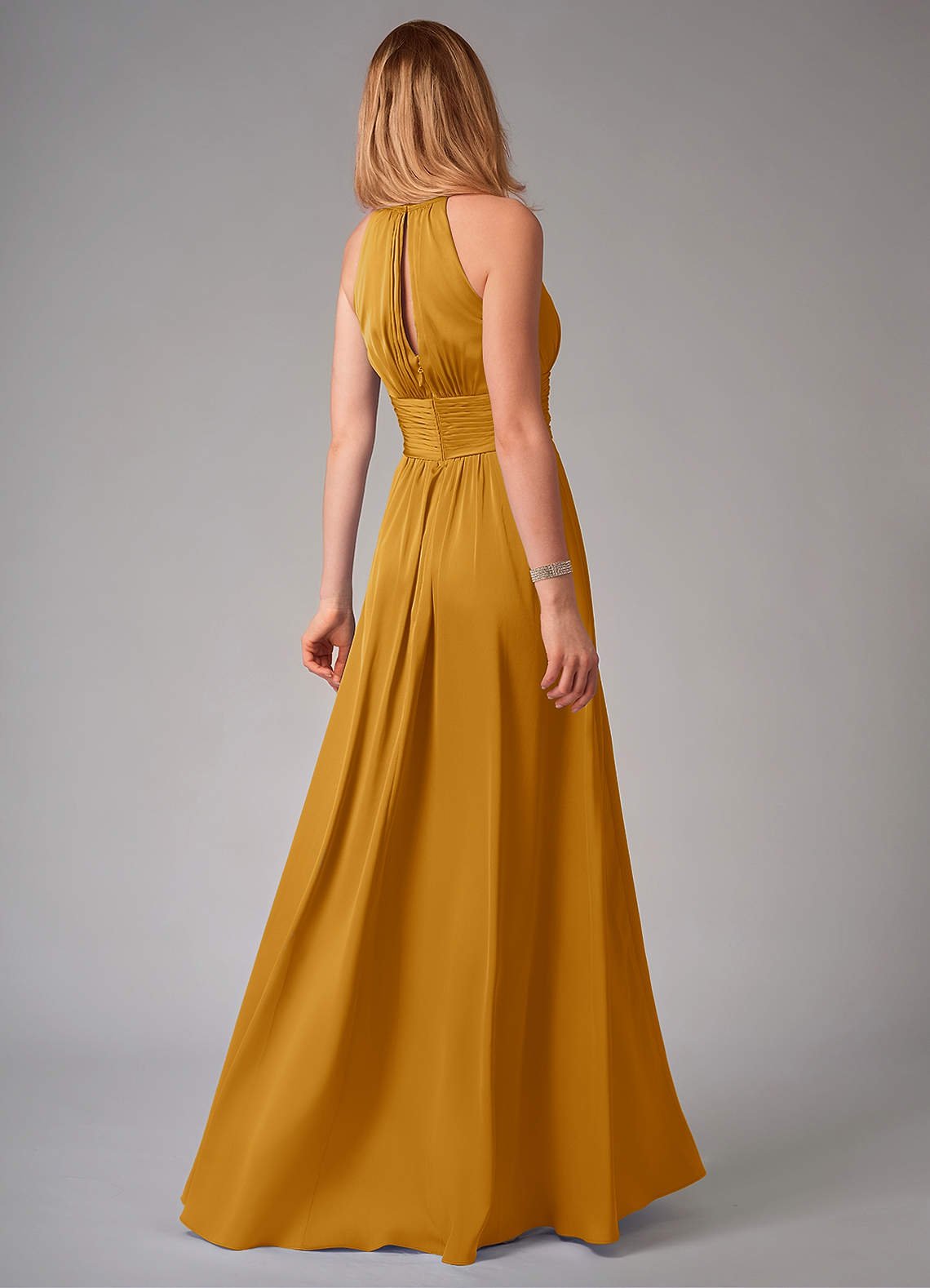 Bonnie A-Line Halter Stretch Satin Bridesmaid Dress in butterscotch