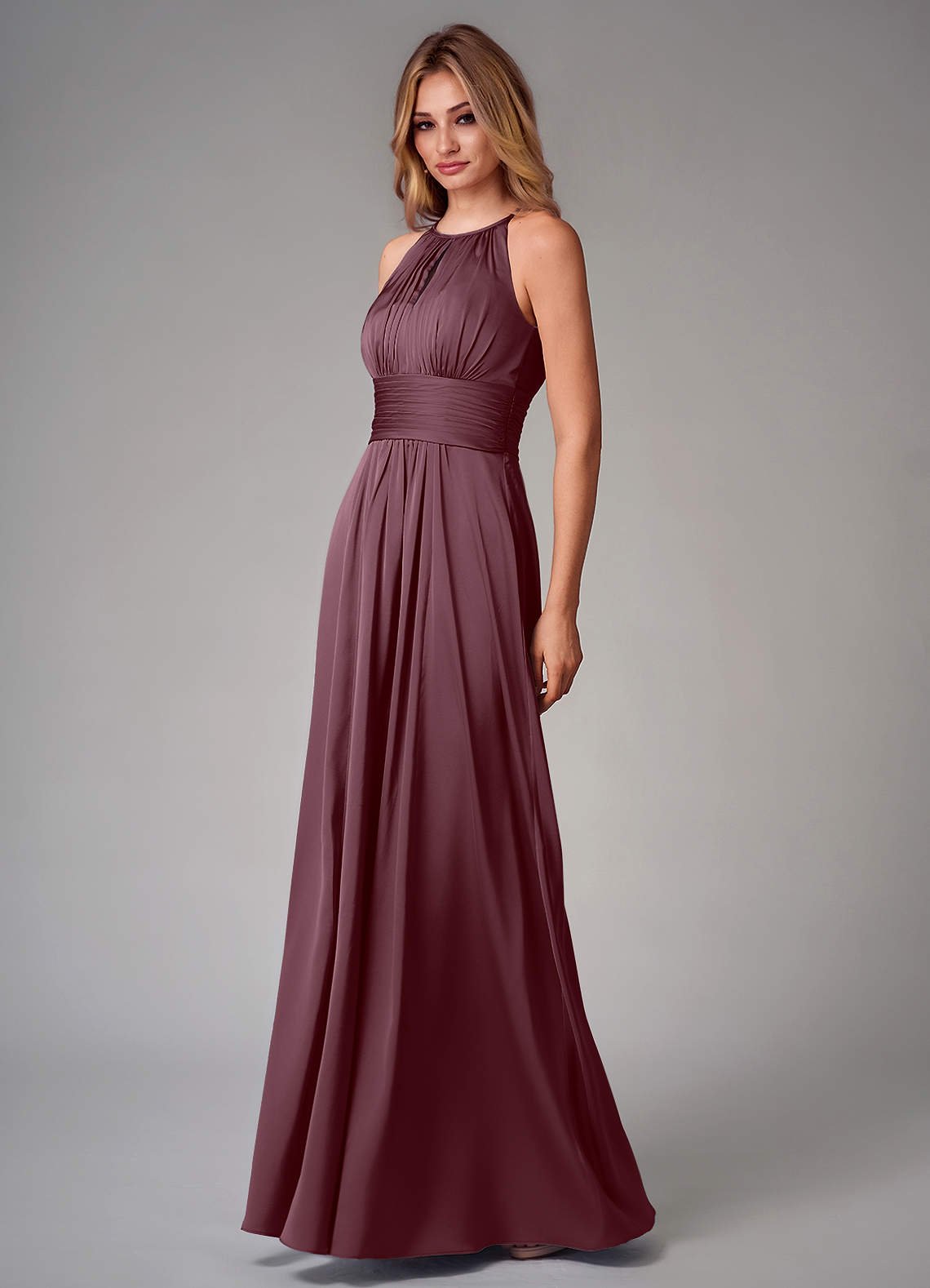 Bonnie A-Line Halter Stretch Satin Bridesmaid Dress in Sangria
