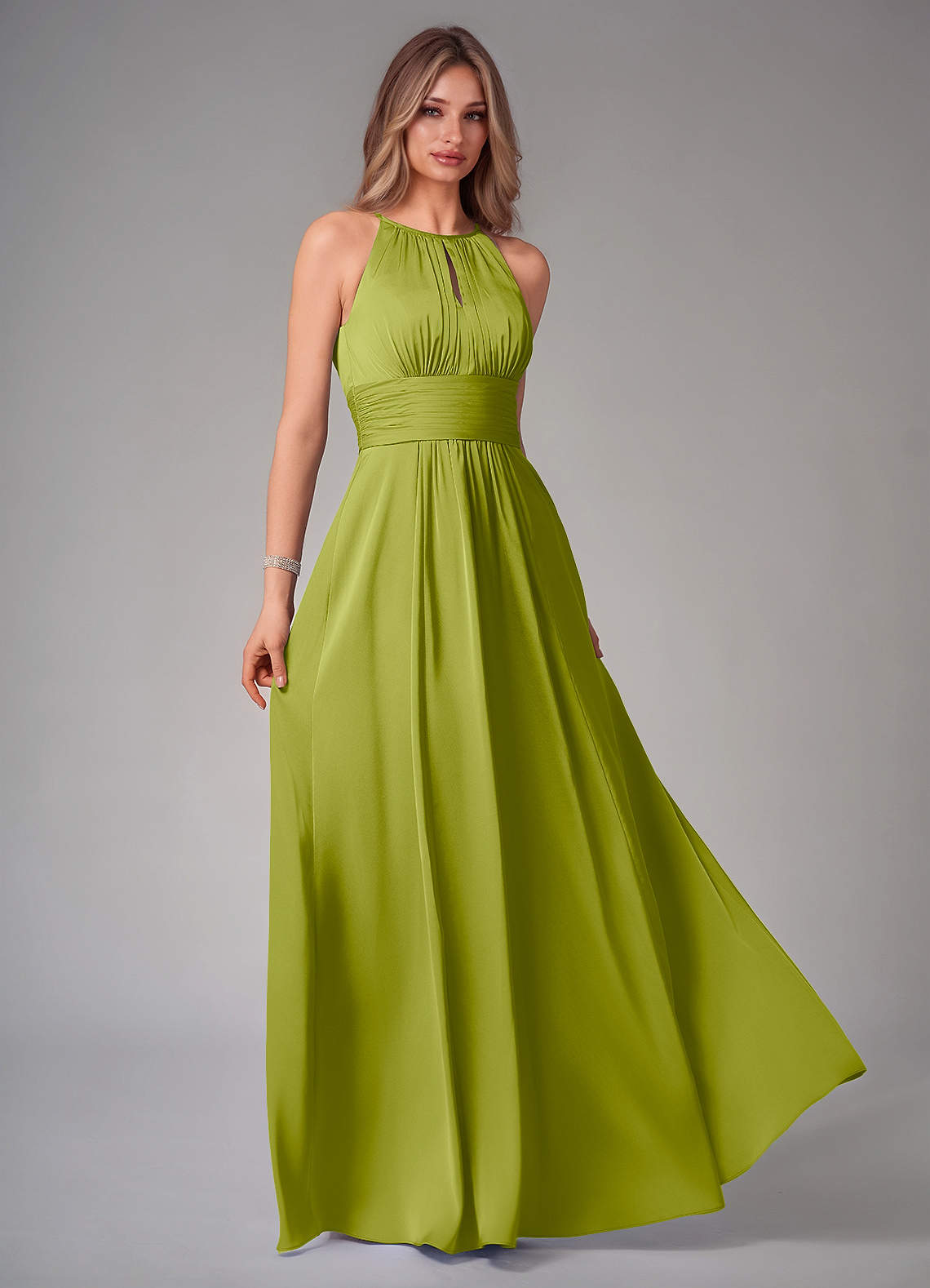 Bonnie A-Line Halter Stretch Satin Bridesmaid Dress in Lemongrass