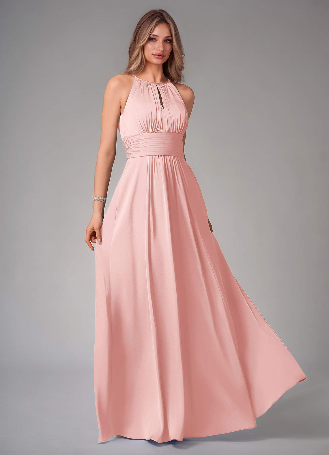 Bonnie A-Line Halter Stretch Satin Bridesmaid Dress in Powder Pink
