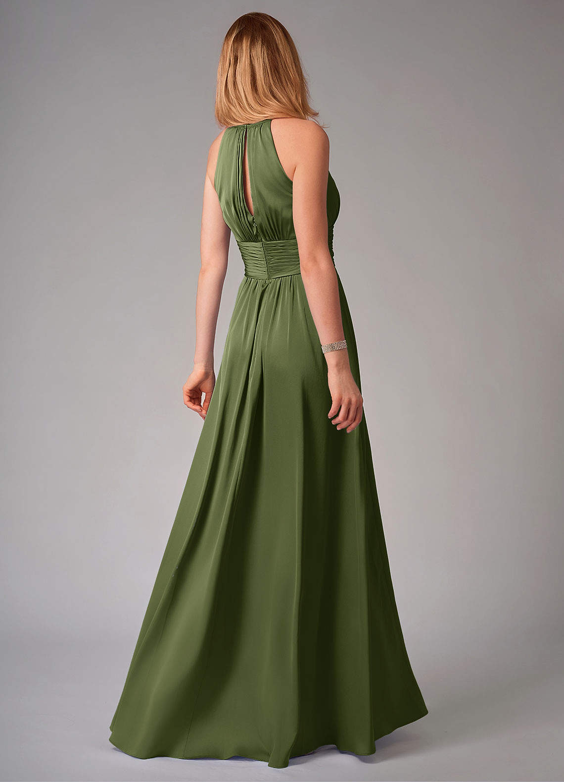 Bonnie A-Line Halter Stretch Satin Bridesmaid Dress in Olive