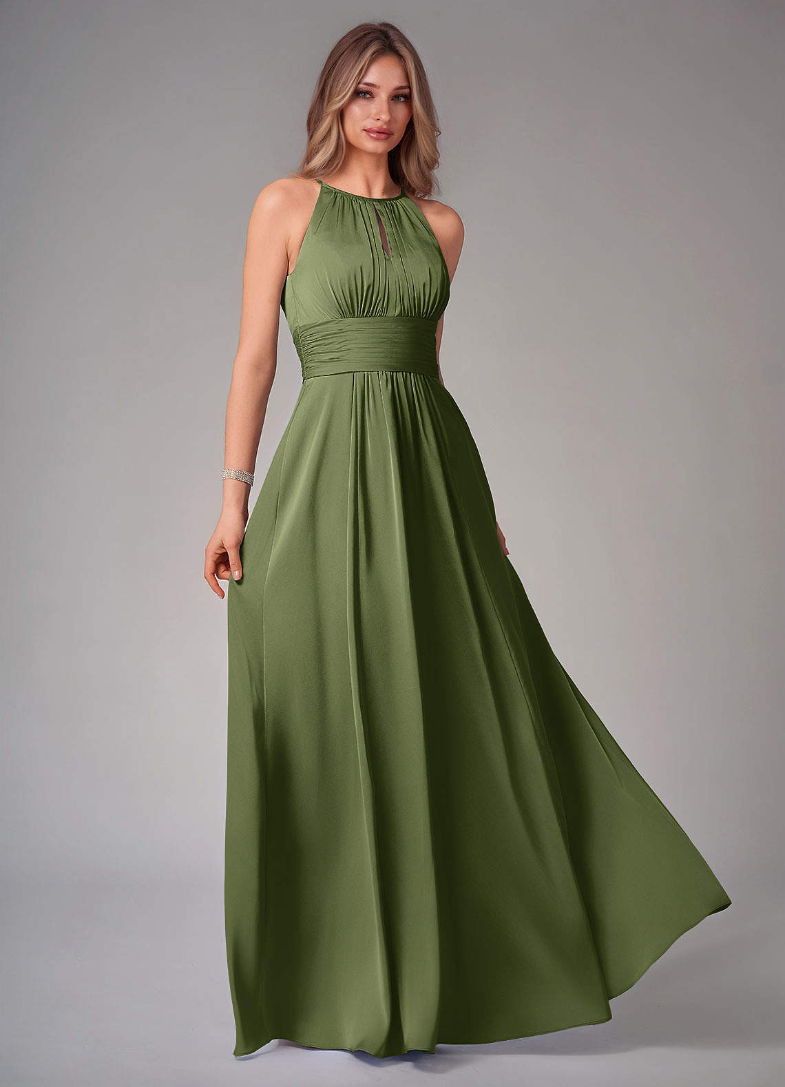 Bonnie A-Line Halter Stretch Satin Bridesmaid Dress in Olive