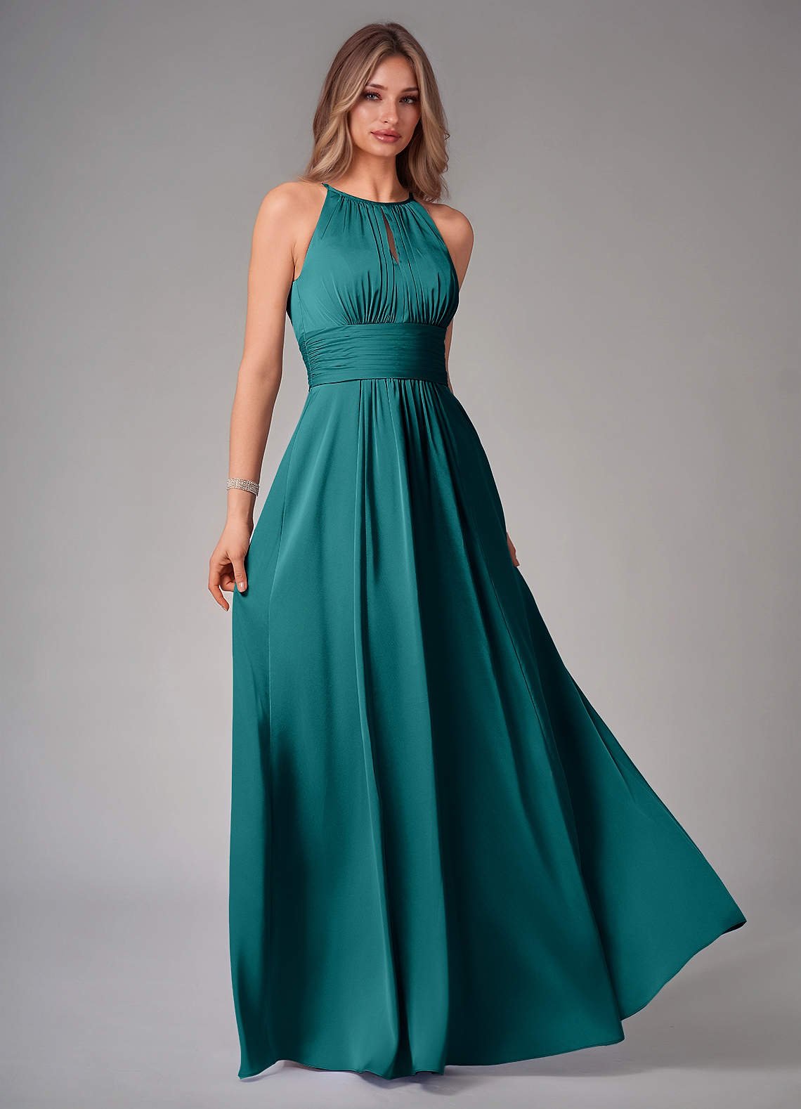 Bonnie A-Line Halter Stretch Satin Bridesmaid Dress in Peacock