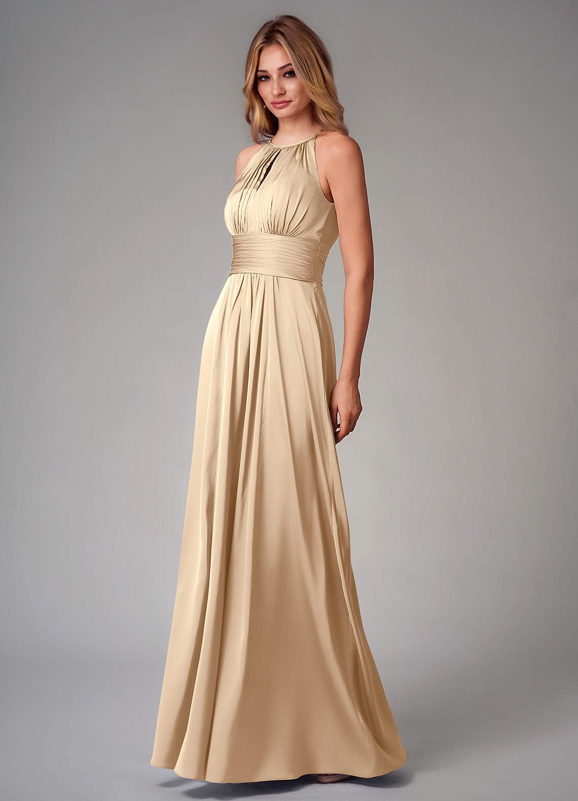 Bonnie A-Line Halter Stretch Satin Bridesmaid Dress in Champagne
