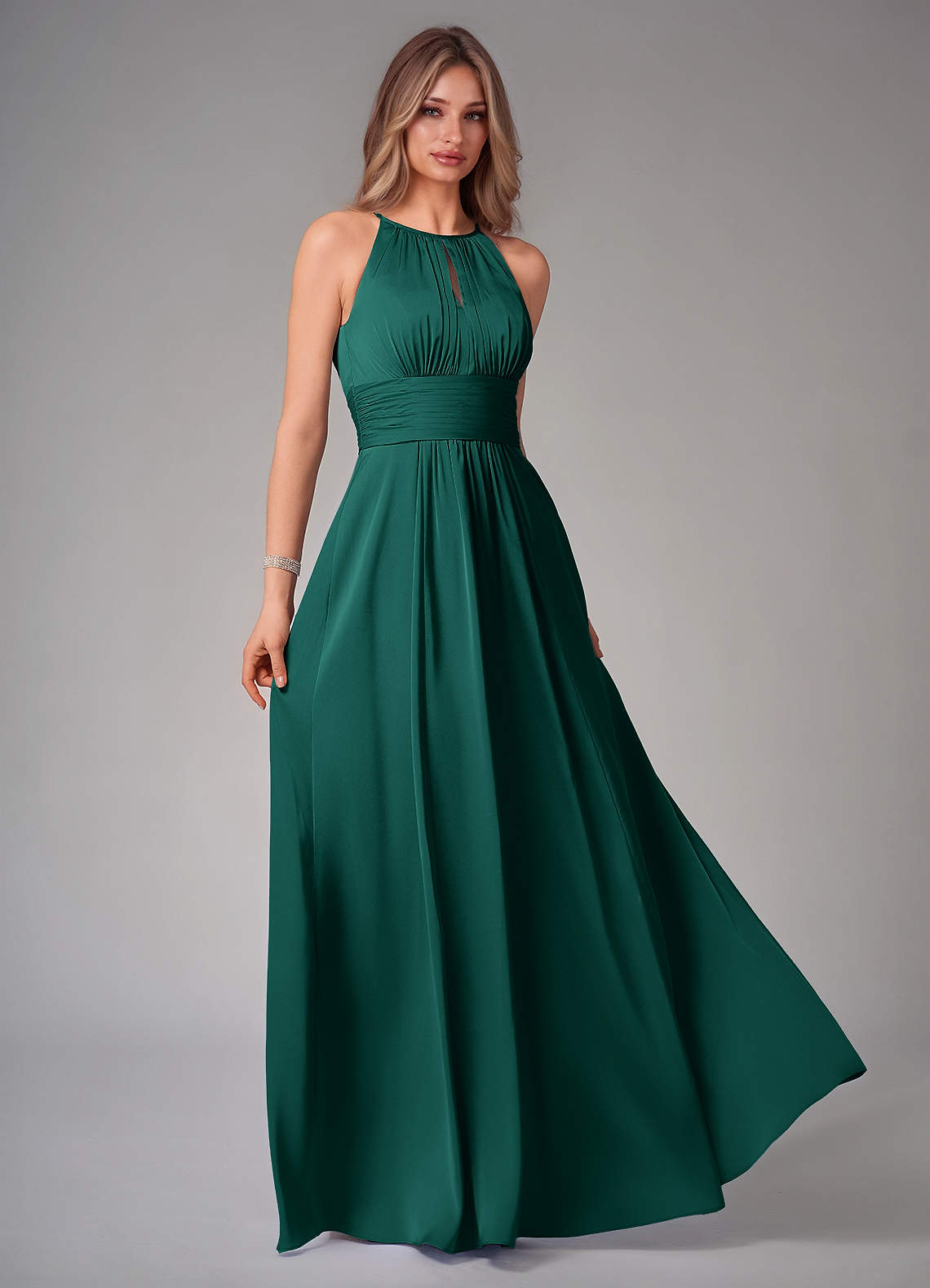 Bonnie A-Line Halter Stretch Satin Bridesmaid Dress in Emerald