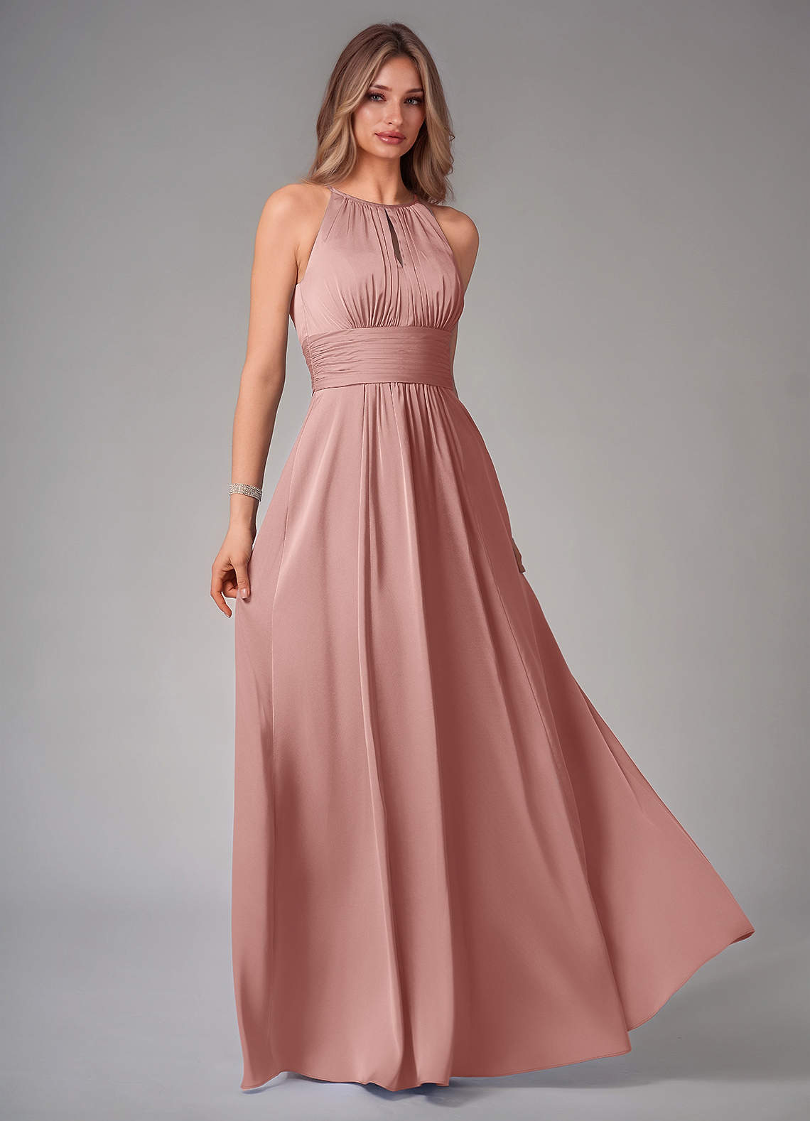 Bonnie A-Line Halter Stretch Satin Bridesmaid Dress in dusty rose
