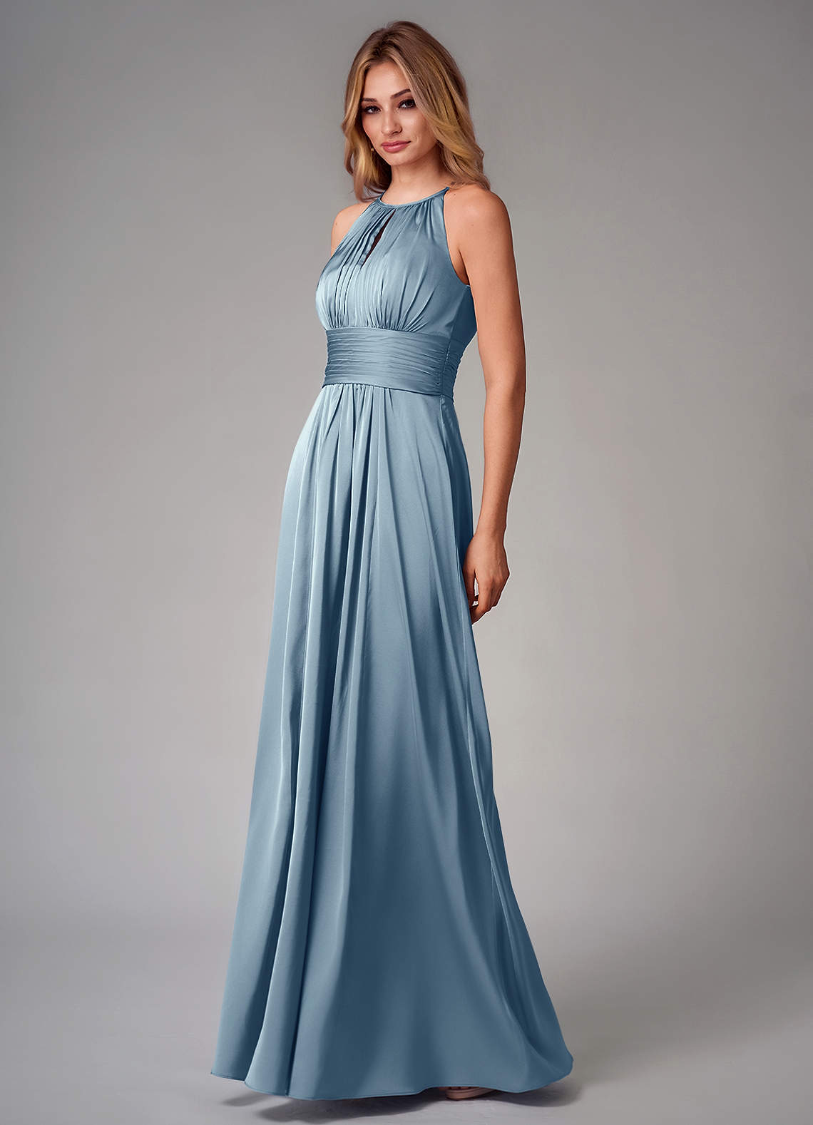 Bonnie A-Line Halter Stretch Satin Bridesmaid Dress in dusty blue