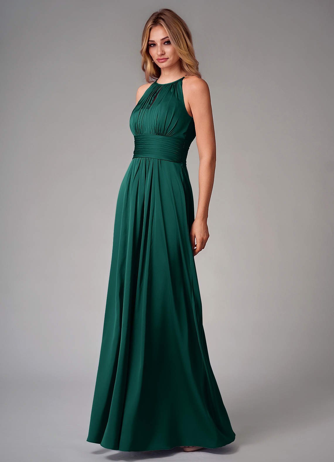 Bonnie A-Line Halter Stretch Satin Bridesmaid Dress in Emerald
