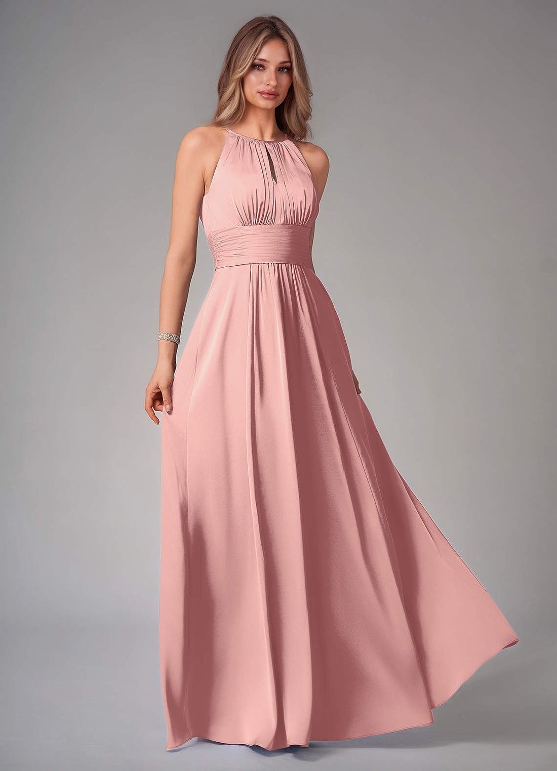 Bonnie A-Line Halter Stretch Satin Bridesmaid Dress in Rosette