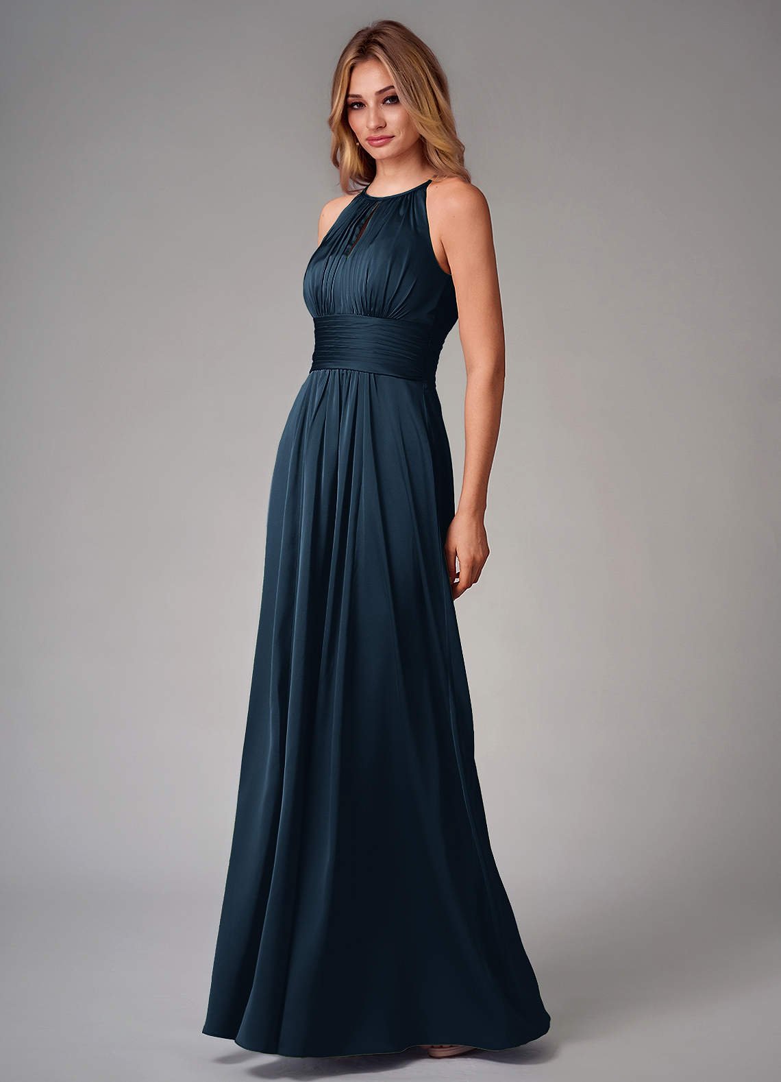 Bonnie A-Line Halter Stretch Satin Bridesmaid Dress in Dark Navy