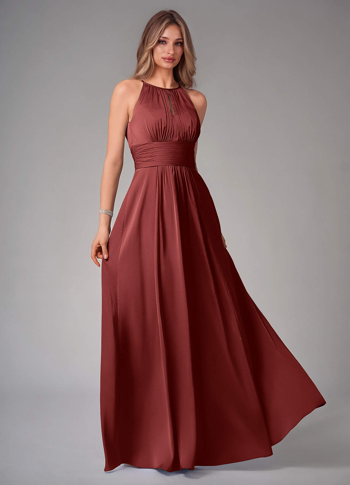Bonnie A-Line Halter Stretch Satin Bridesmaid Dress in Terracotta