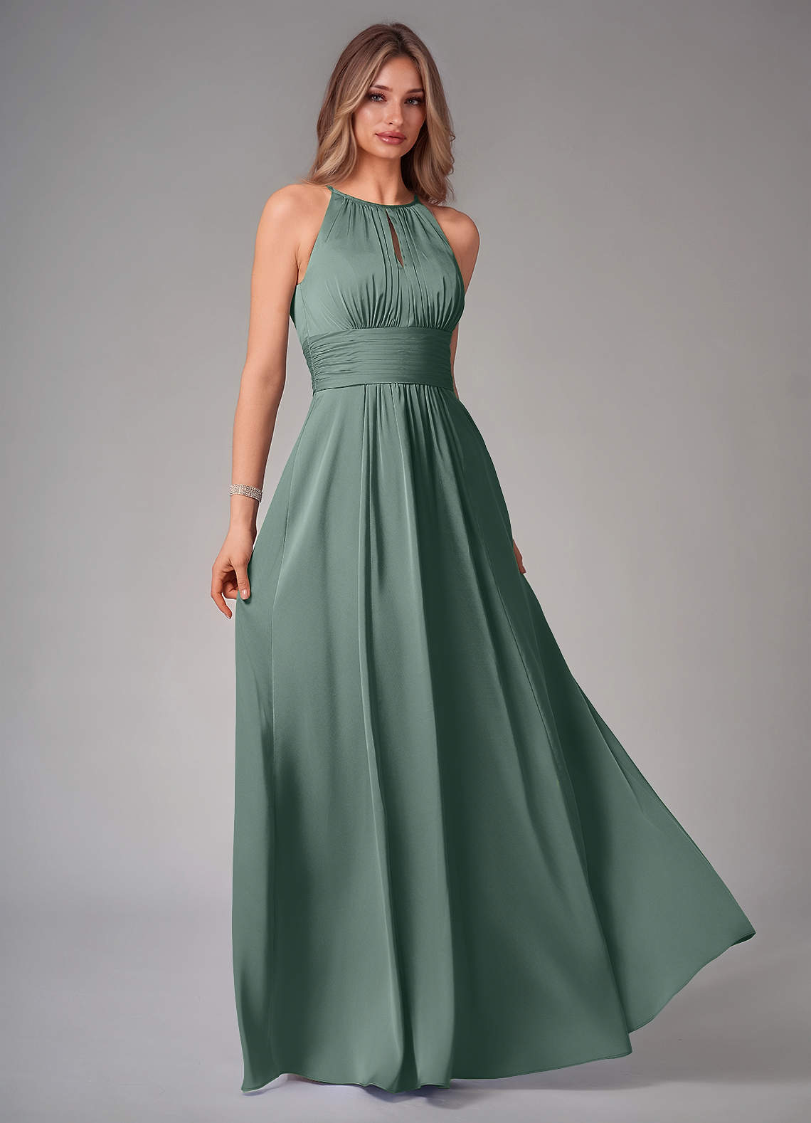 Bonnie A-Line Halter Stretch Satin Bridesmaid Dress in Sea Moss