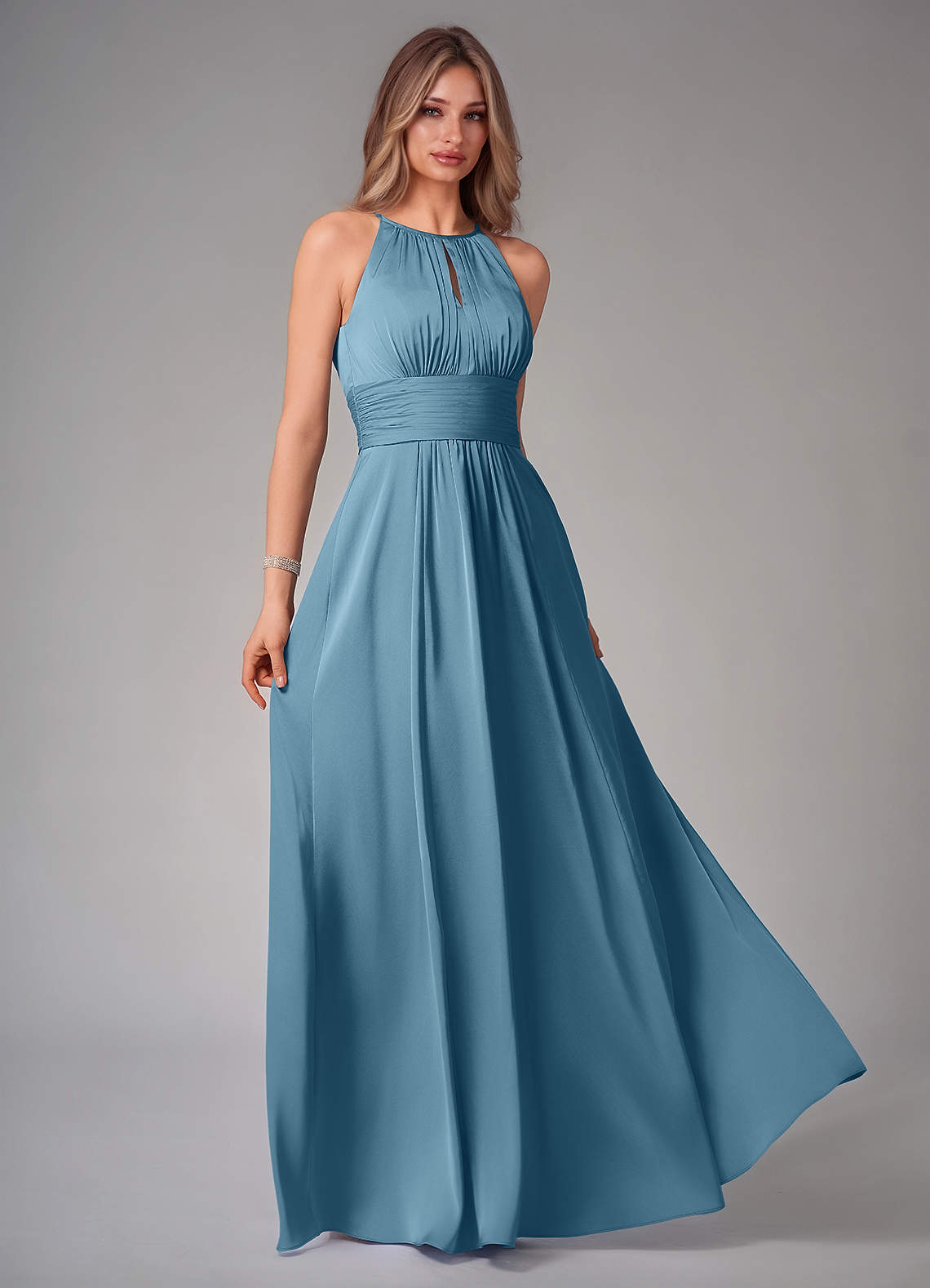 Bonnie A-Line Halter Stretch Satin Bridesmaid Dress in Bermuda