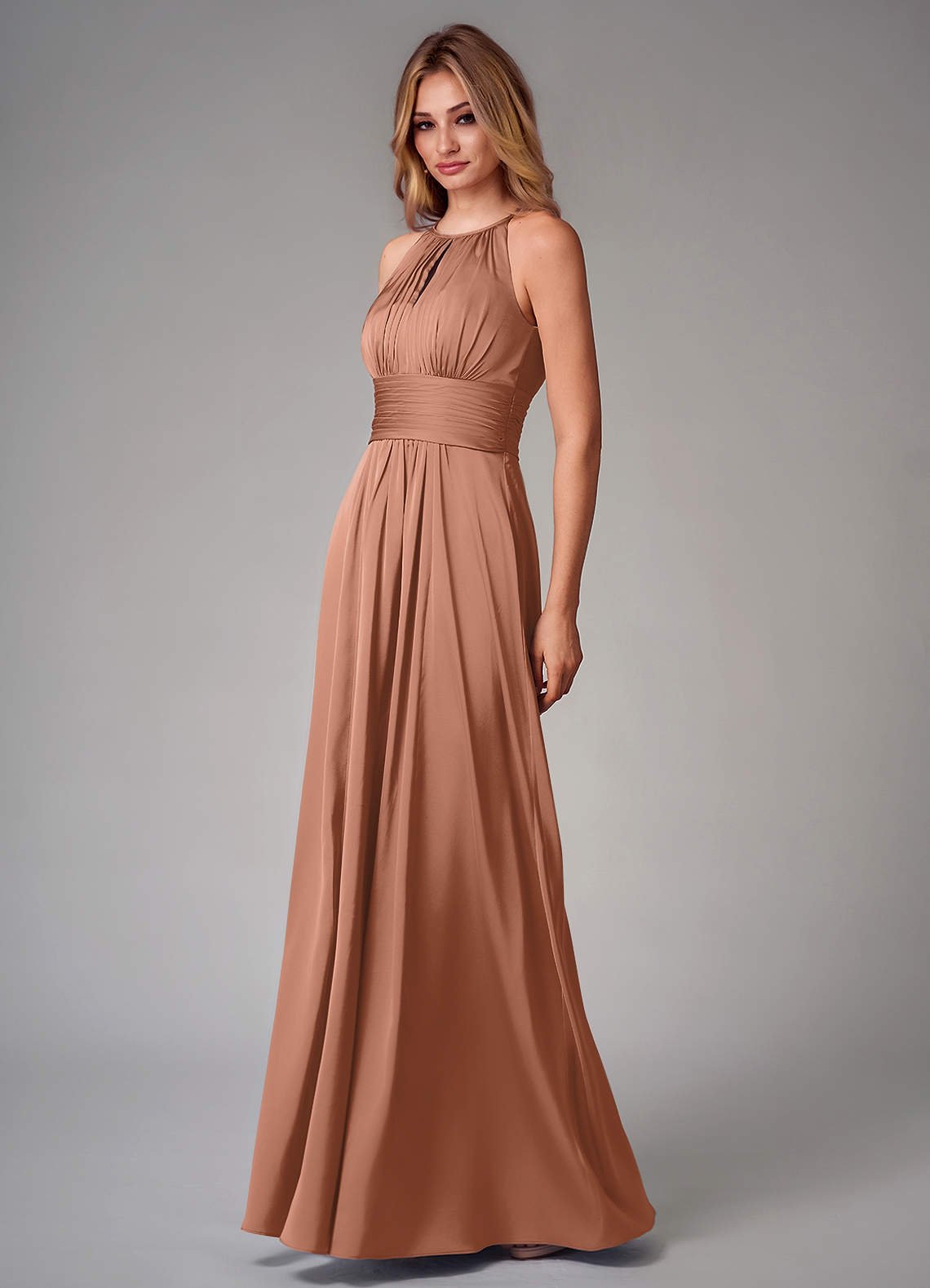 Bonnie A-Line Halter Stretch Satin Bridesmaid Dress in Bronzer