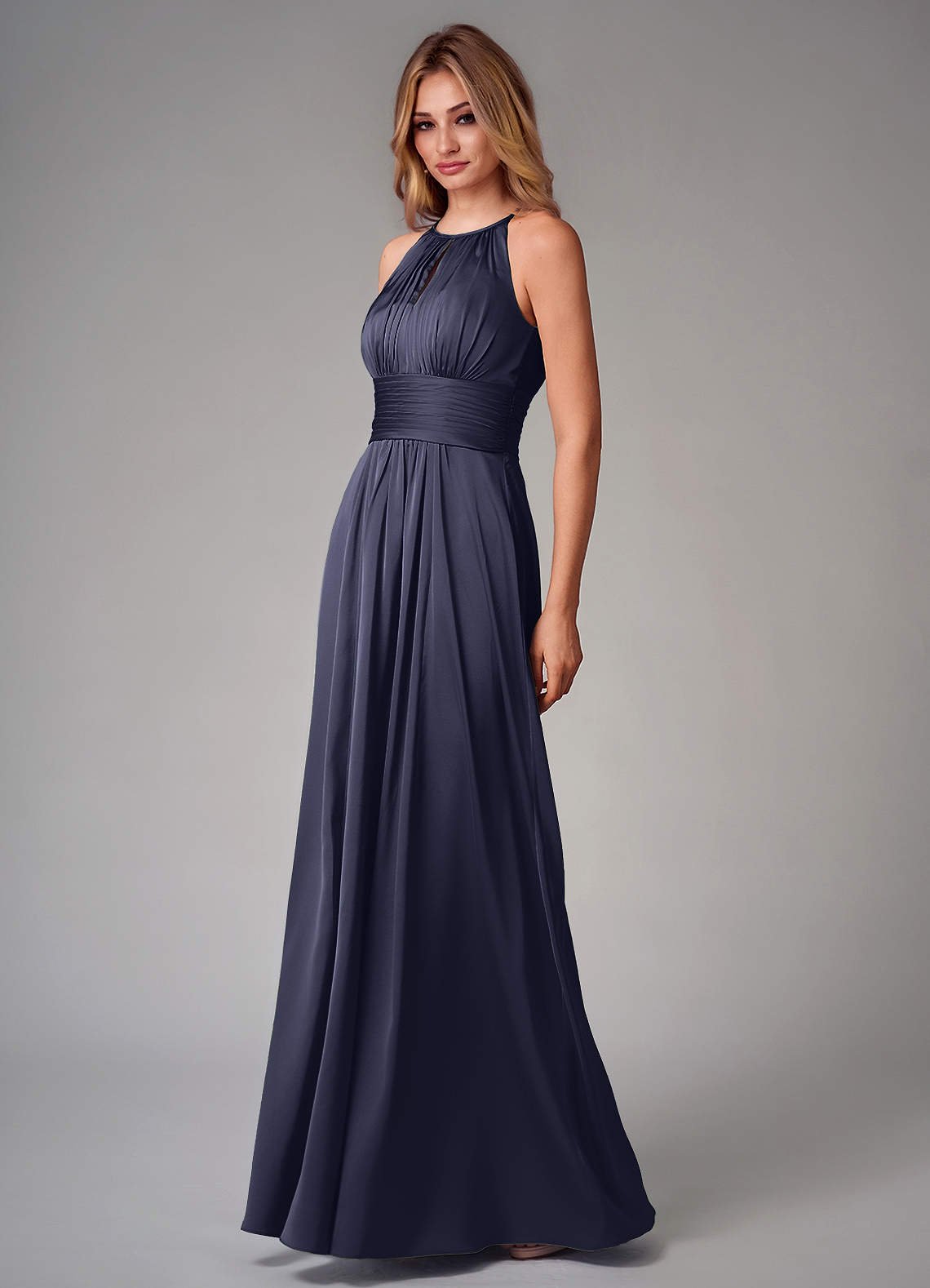 Bonnie A-Line Halter Stretch Satin Bridesmaid Dress in Stormy