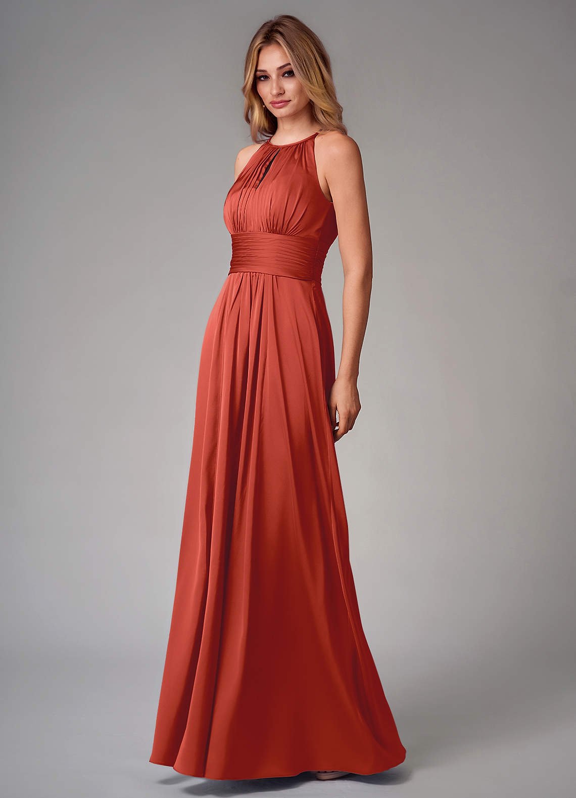 Bonnie A-Line Halter Stretch Satin Bridesmaid Dress in Rust