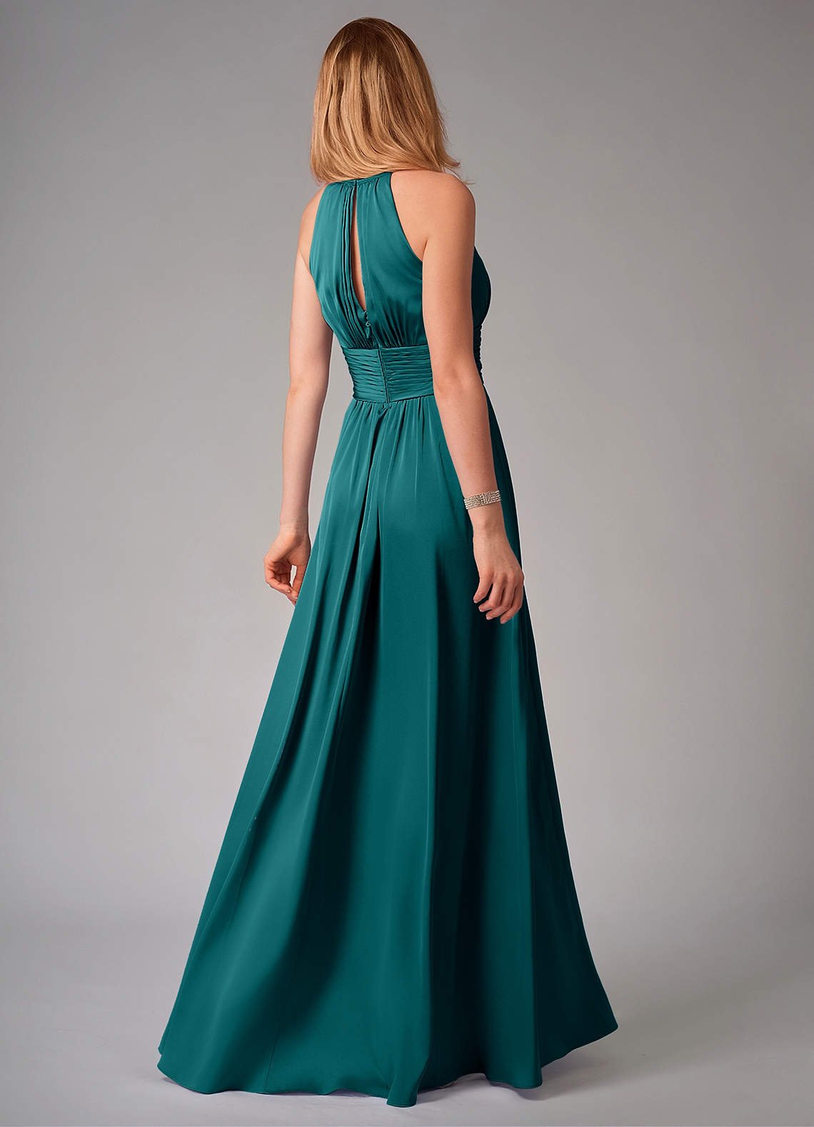 Bonnie A-Line Halter Stretch Satin Bridesmaid Dress in Peacock