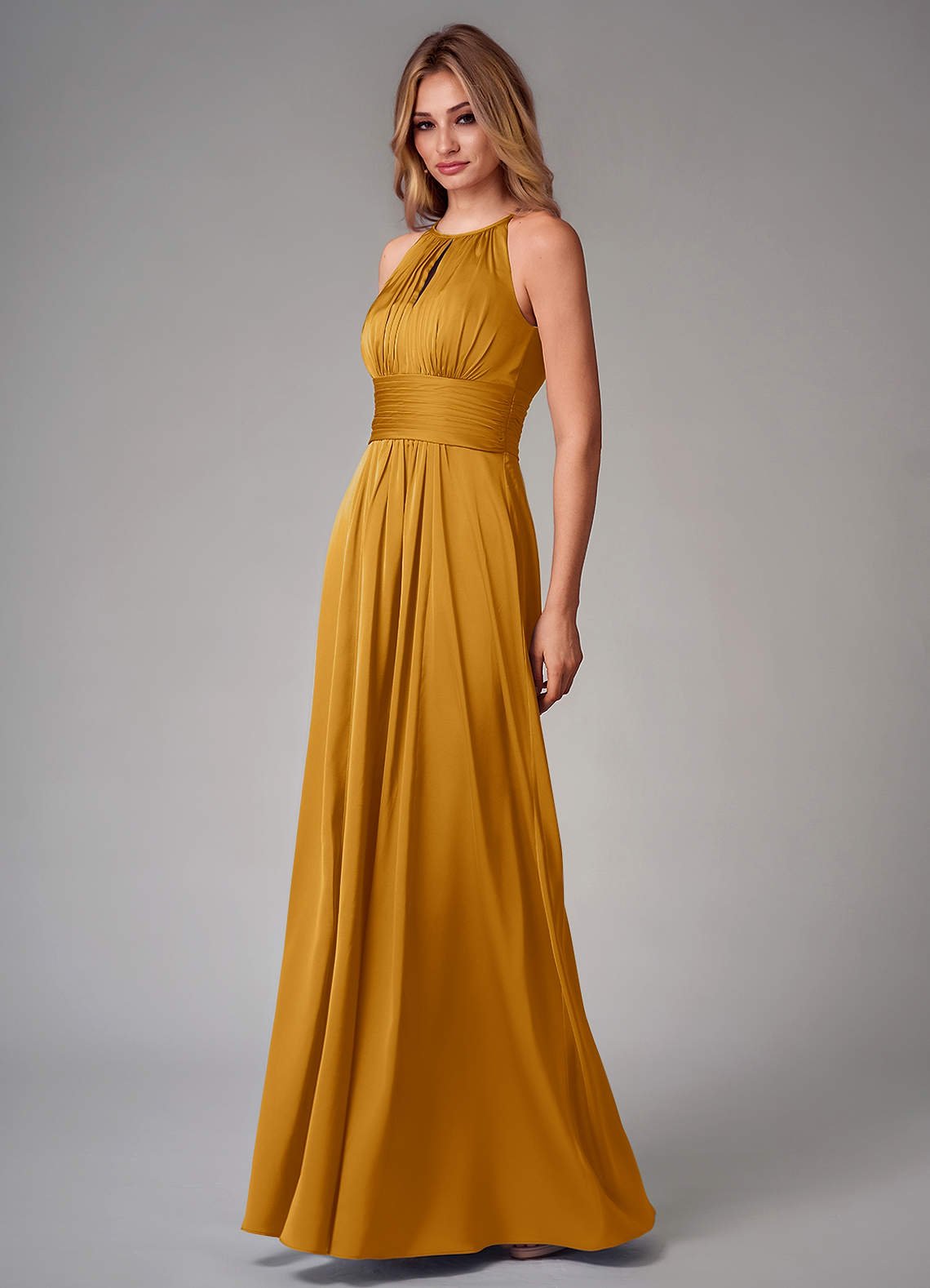 Bonnie A-Line Halter Stretch Satin Bridesmaid Dress in butterscotch