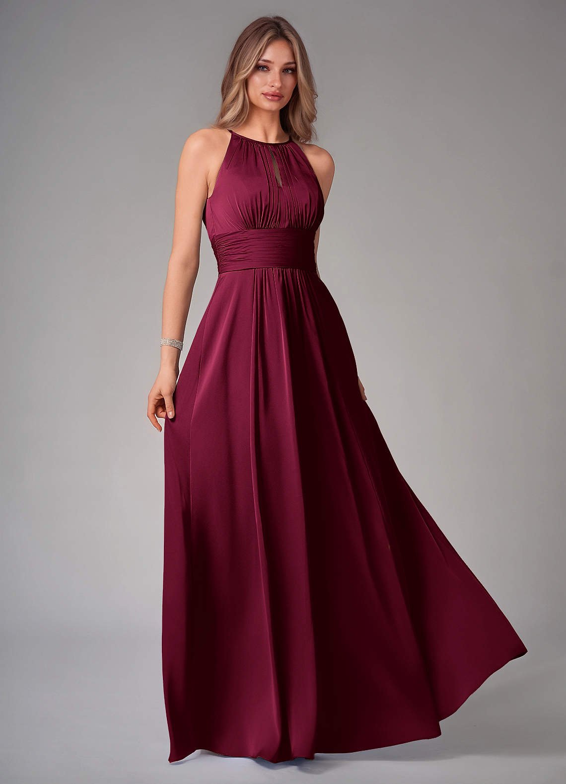 Bonnie A-Line Halter Stretch Satin Bridesmaid Dress in Burgundy