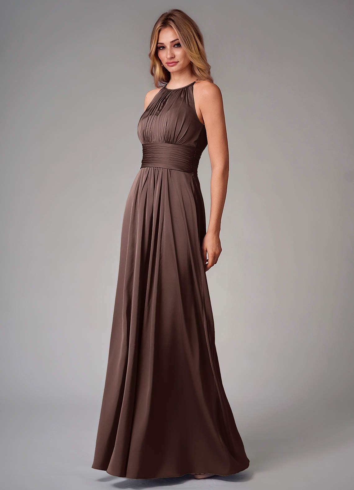 Bonnie A-Line Halter Stretch Satin Bridesmaid Dress in Ganache