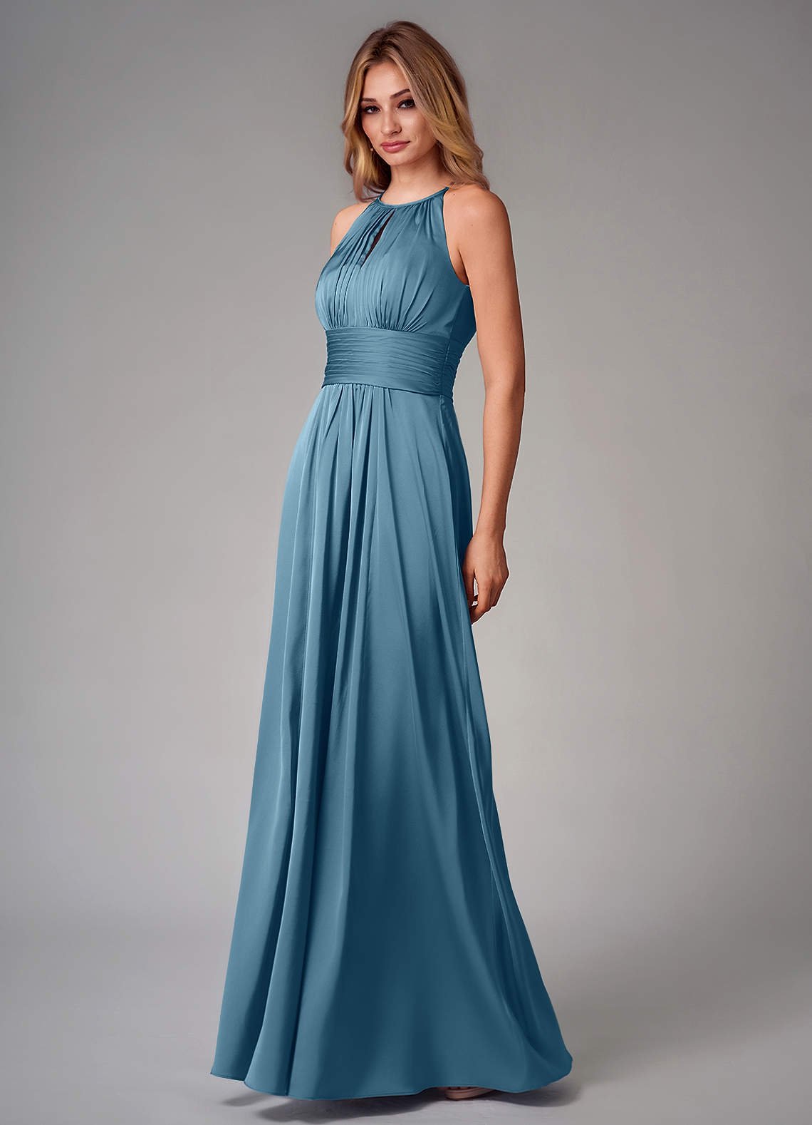 Bonnie A-Line Halter Stretch Satin Bridesmaid Dress in Bermuda
