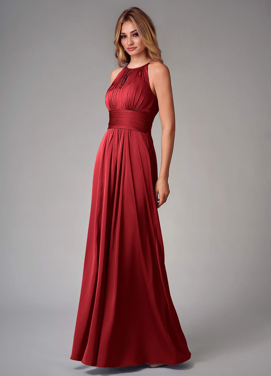 Bonnie A-Line Halter Stretch Satin Bridesmaid Dress in Scarlet