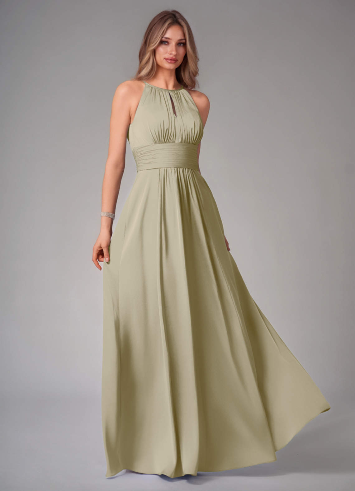 Bonnie A-Line Halter Stretch Satin Bridesmaid Dress in Moss Green