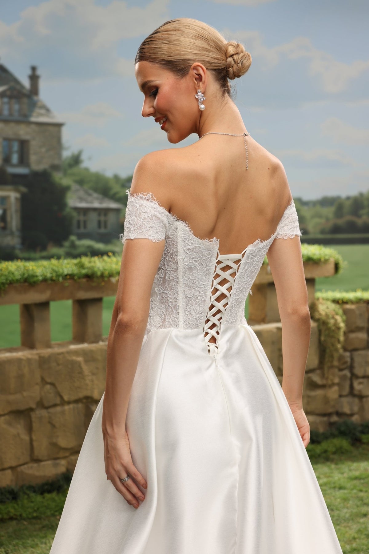 Quilla A-Line Off-the-Shoulder Sweetheart wedding dress — back view