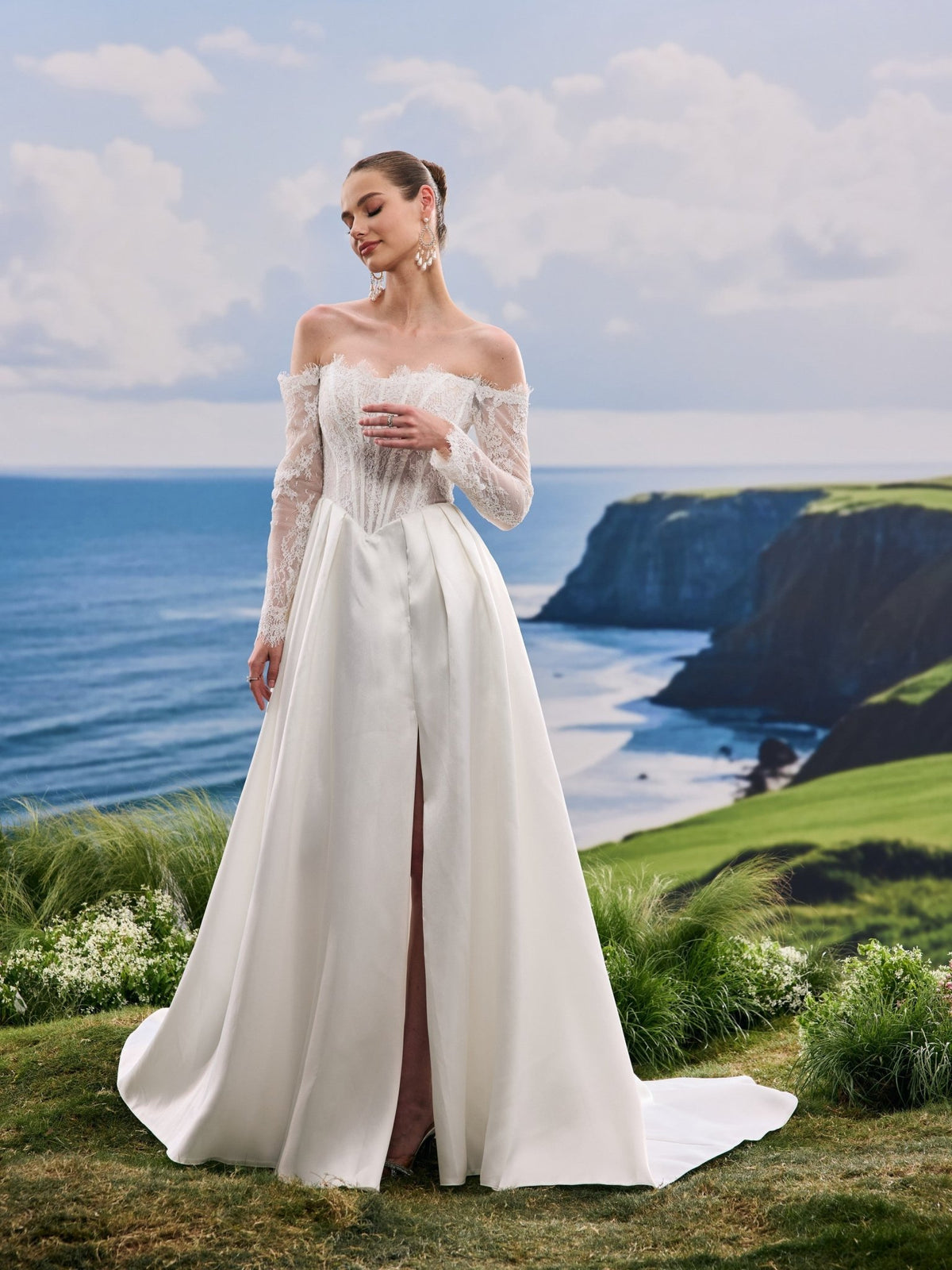 Quirielle white A-Line wedding dress, detail and alternate angle