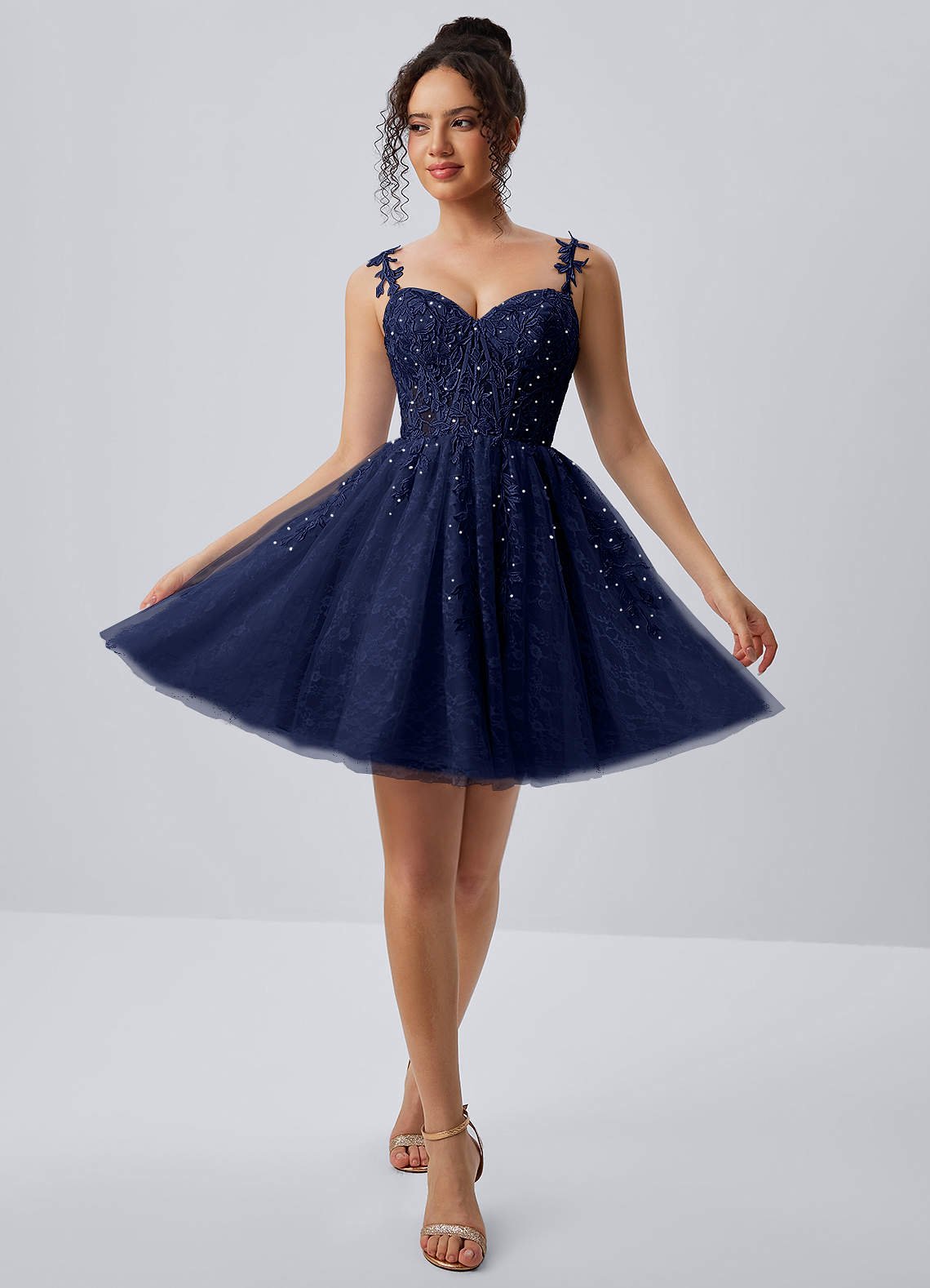 Raphinase A-Line Sweetheart Tulle Prom Dress in Navy Blue