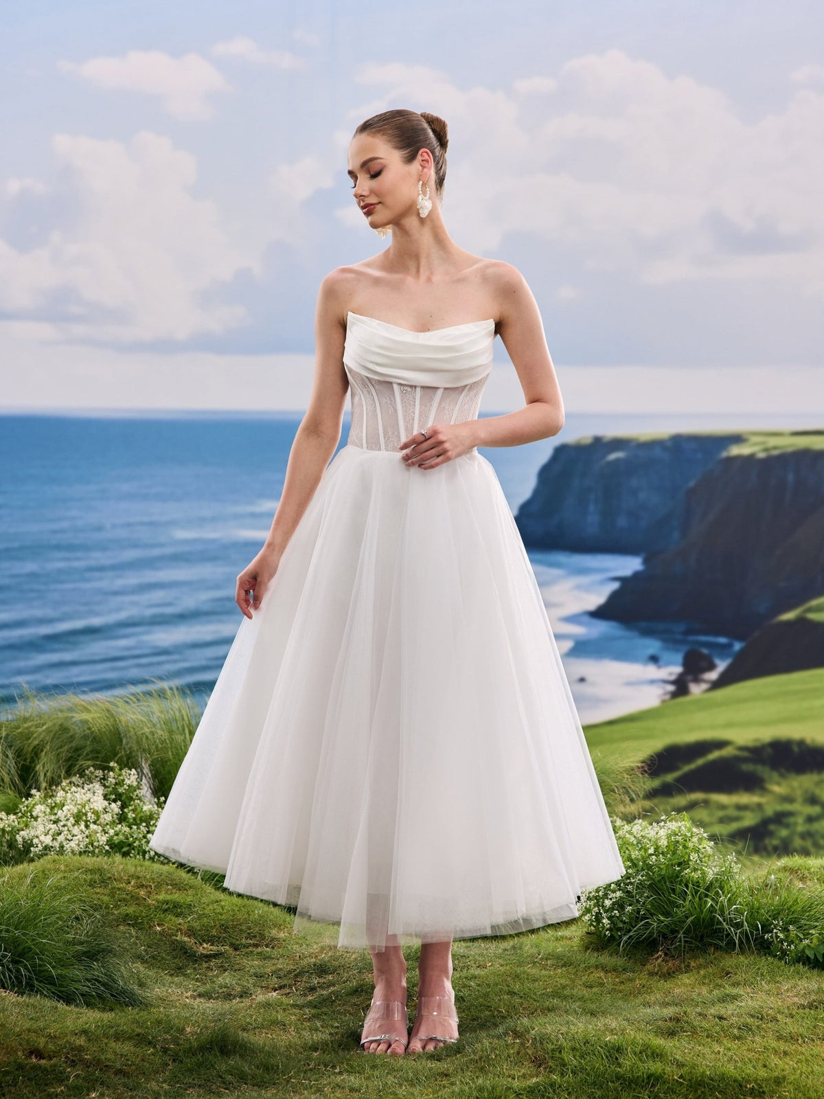 Ravina white A-Line wedding dress, detail and alternate angle
