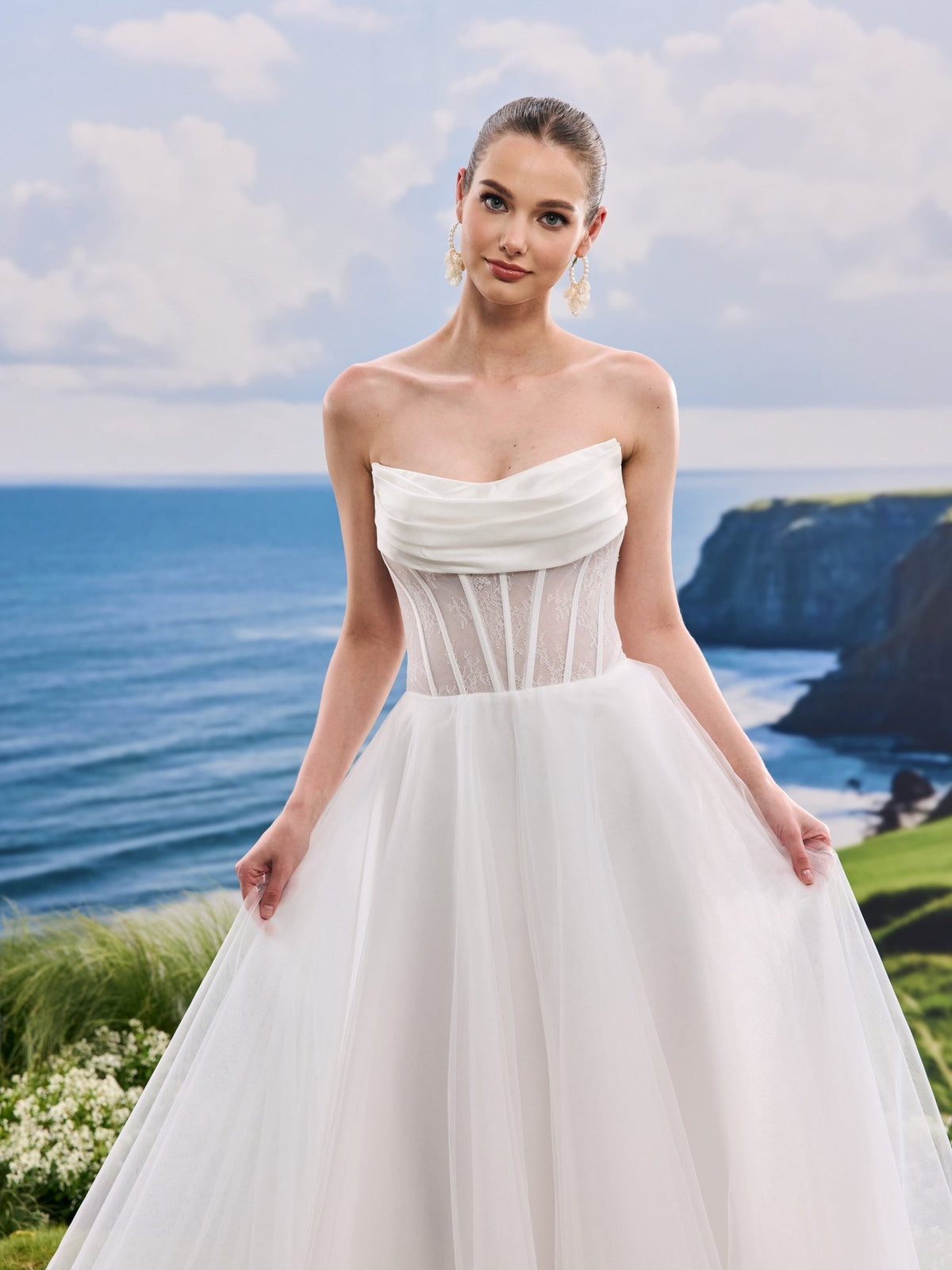 Ravina white A-Line wedding dress, detail and alternate angle