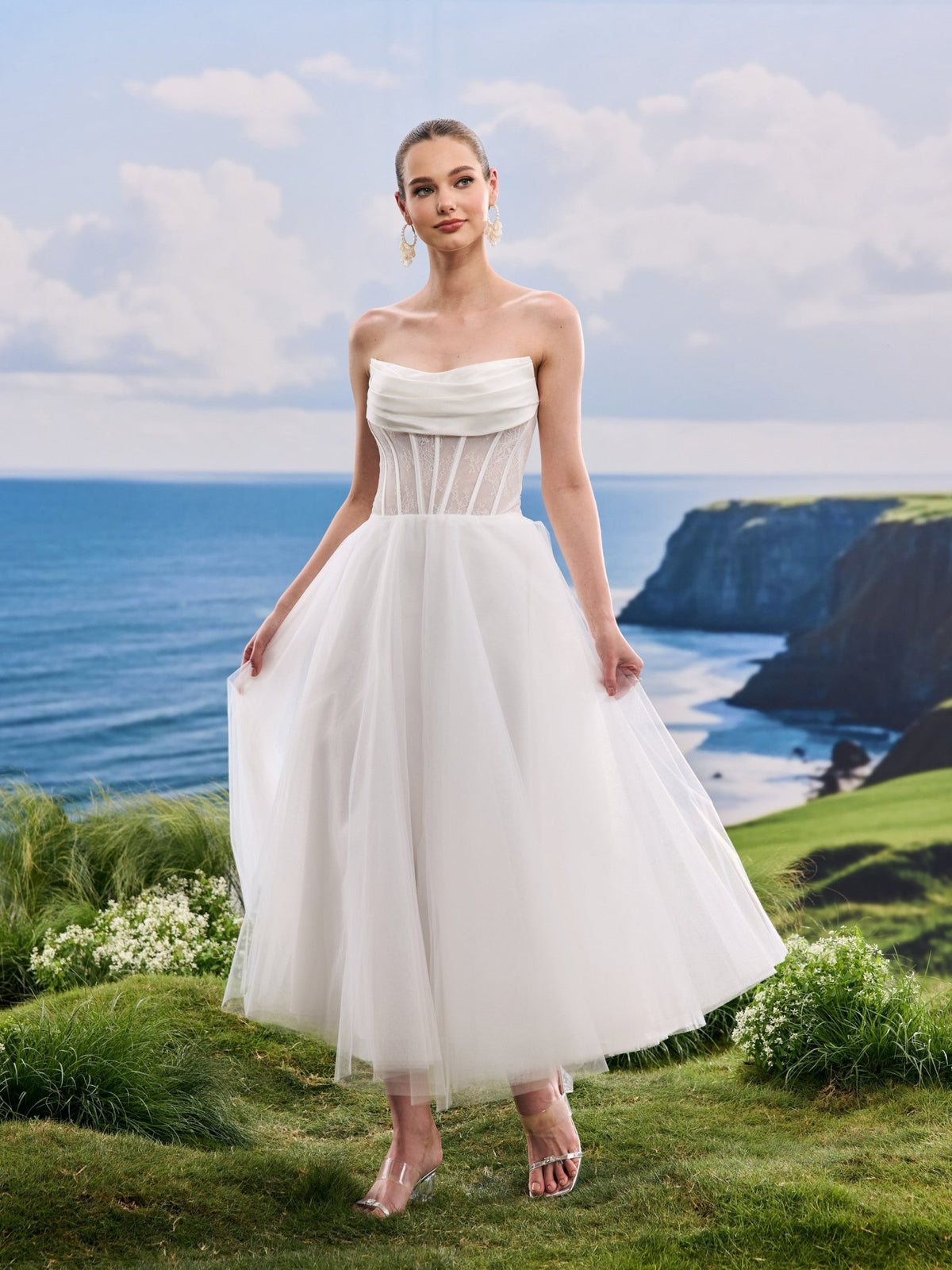 Ravina white A-Line wedding dress, detail and alternate angle