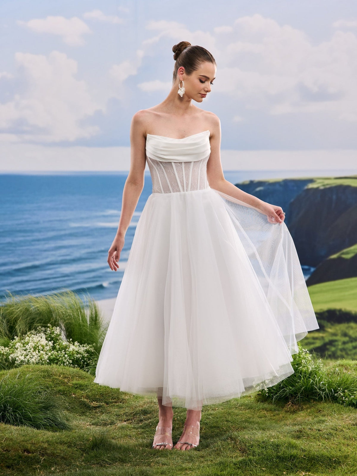 Ravina white A-Line wedding dress, detail and alternate angle