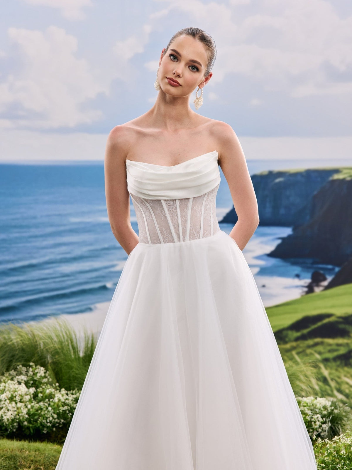 Ravina white A-Line wedding dress, detail and alternate angle