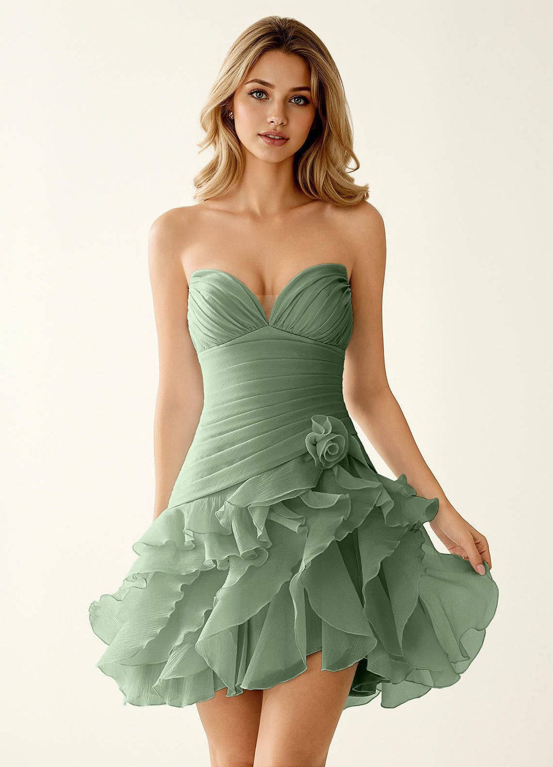 Rentina A-Line Mini Sweetheart Tiered Tulle Prom Dress in Sage