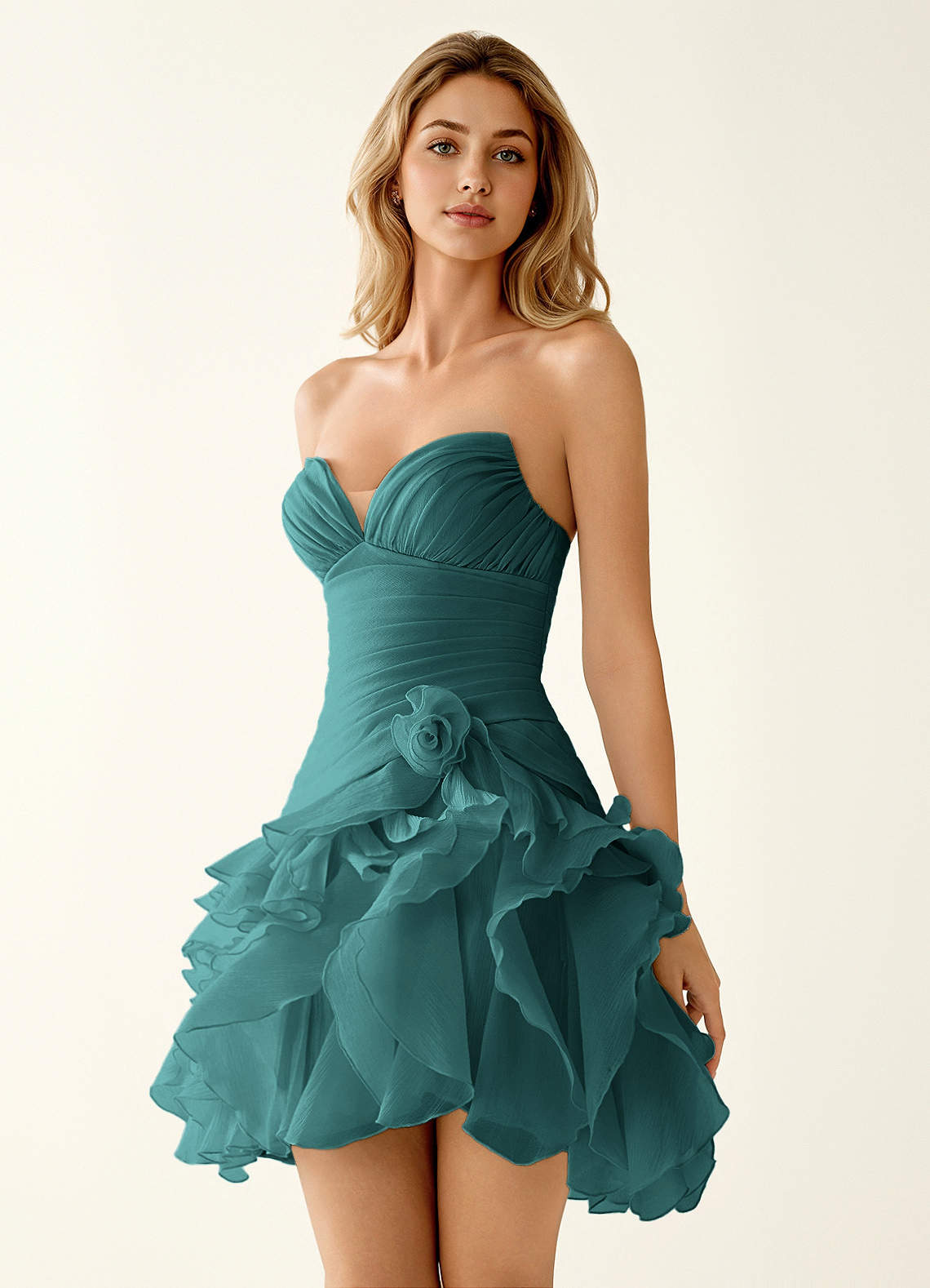 Rentina A-Line Mini Sweetheart Tiered Tulle Prom Dress in Peacock