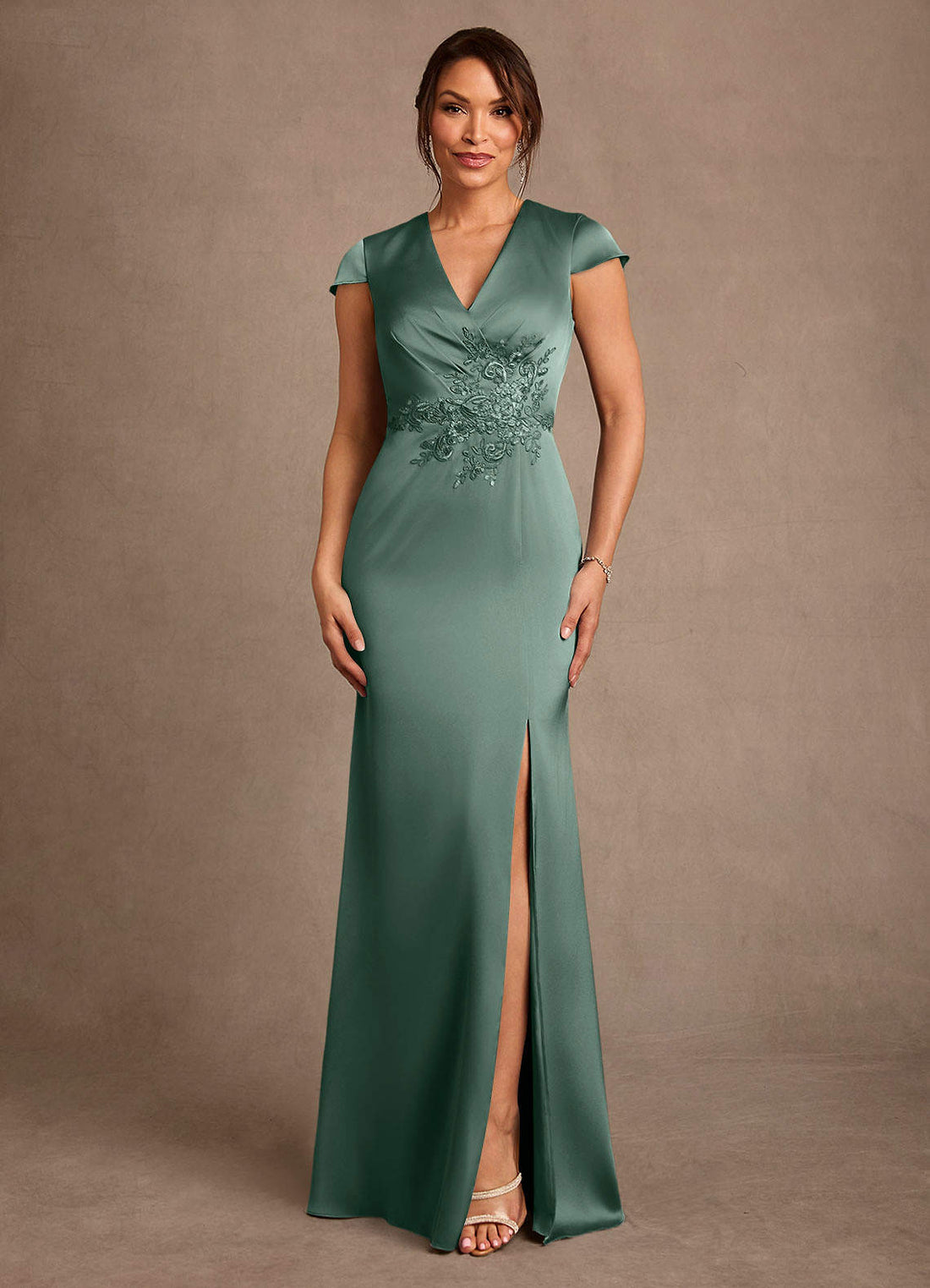 Rilda Sheath V-Neck Stretch Satin and Lace Mother of the Bride Dress in eucalyptus