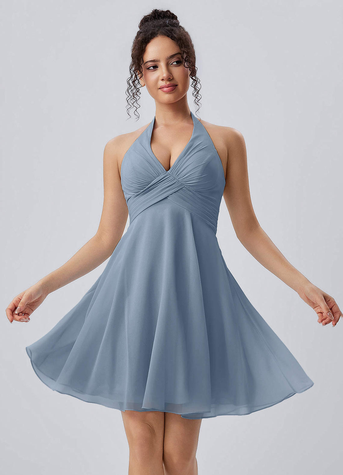 Joviannelle A-Line Halter Chiffon Prom Dress in Dusty Blue