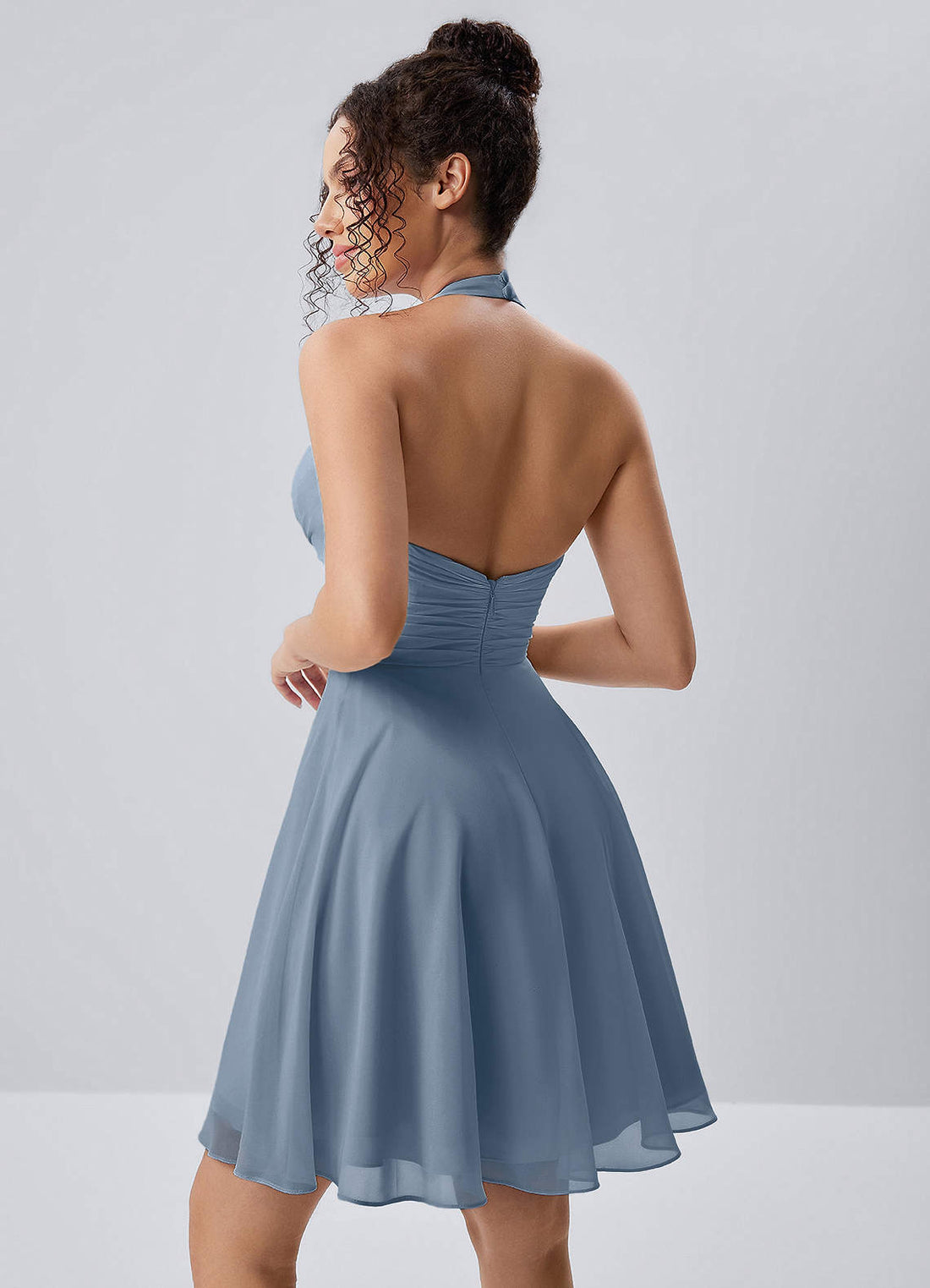 Joviannelle A-Line Halter Chiffon Prom Dress in Dusty Blue