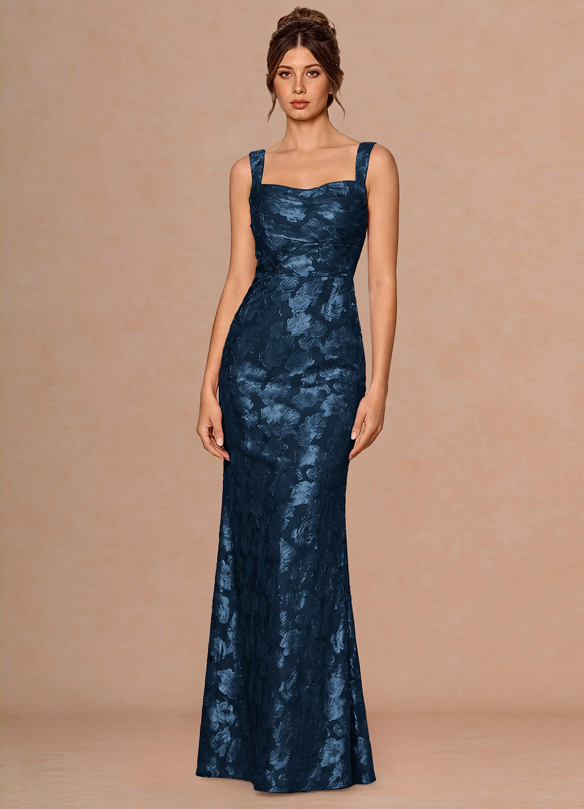 Rosalie Mermaid Cowl-Neck Fil Coupé Evening Dress in Navy