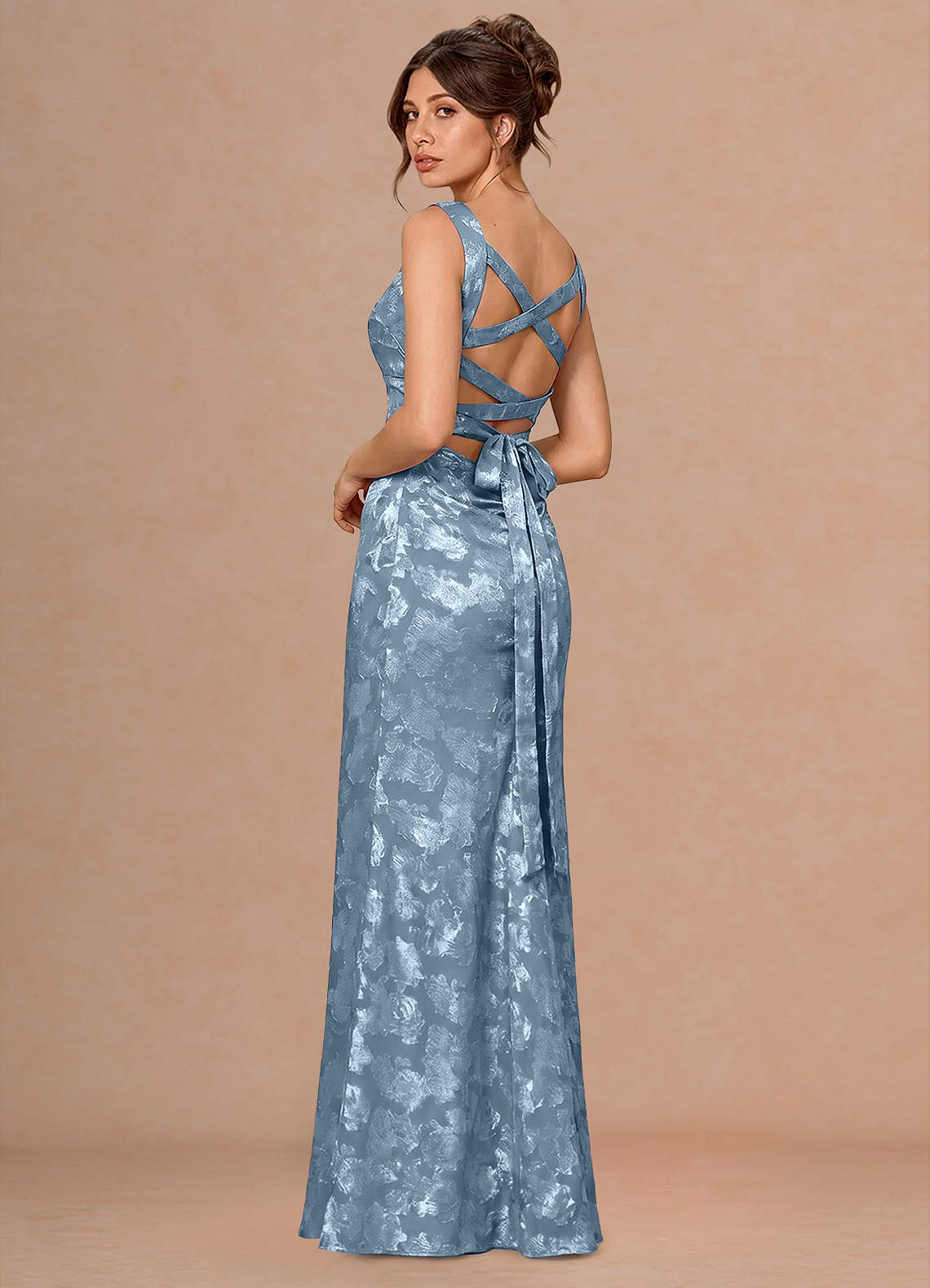 Rosalie Mermaid Cowl-Neck Fil Coupé Evening Dress in Dusty Blue