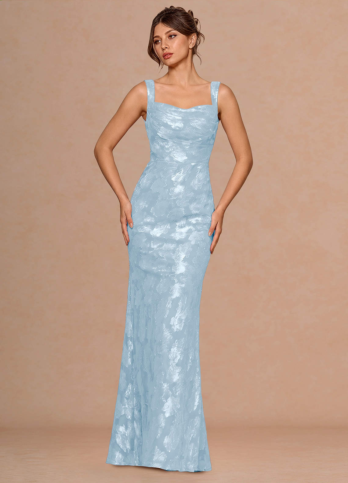 Rosalie Mermaid Cowl-Neck Fil Coupé Evening Dress in Powder Blue