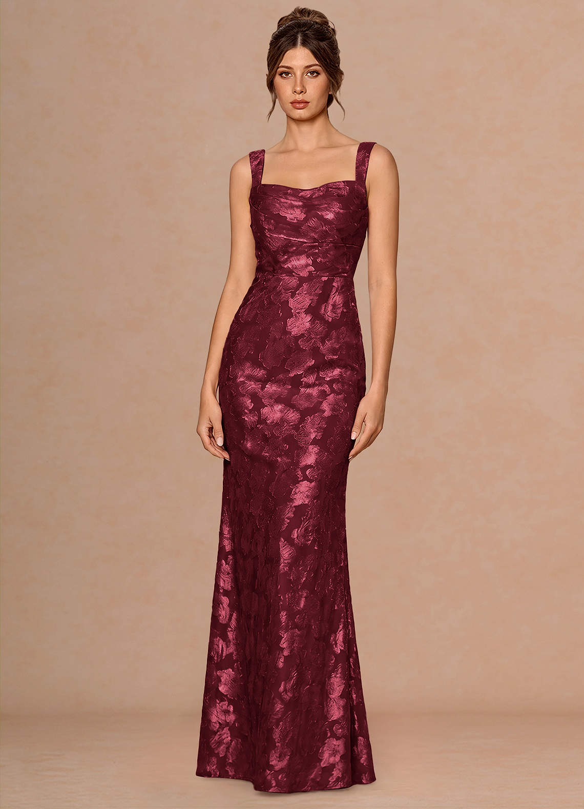 Rosalie Mermaid Cowl-Neck Fil Coupé Evening Dress in Wine