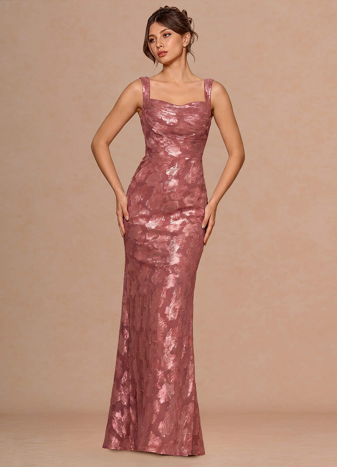 Rosalie Mermaid Cowl-Neck Fil Coupé Evening Dress in Vintage Rose
