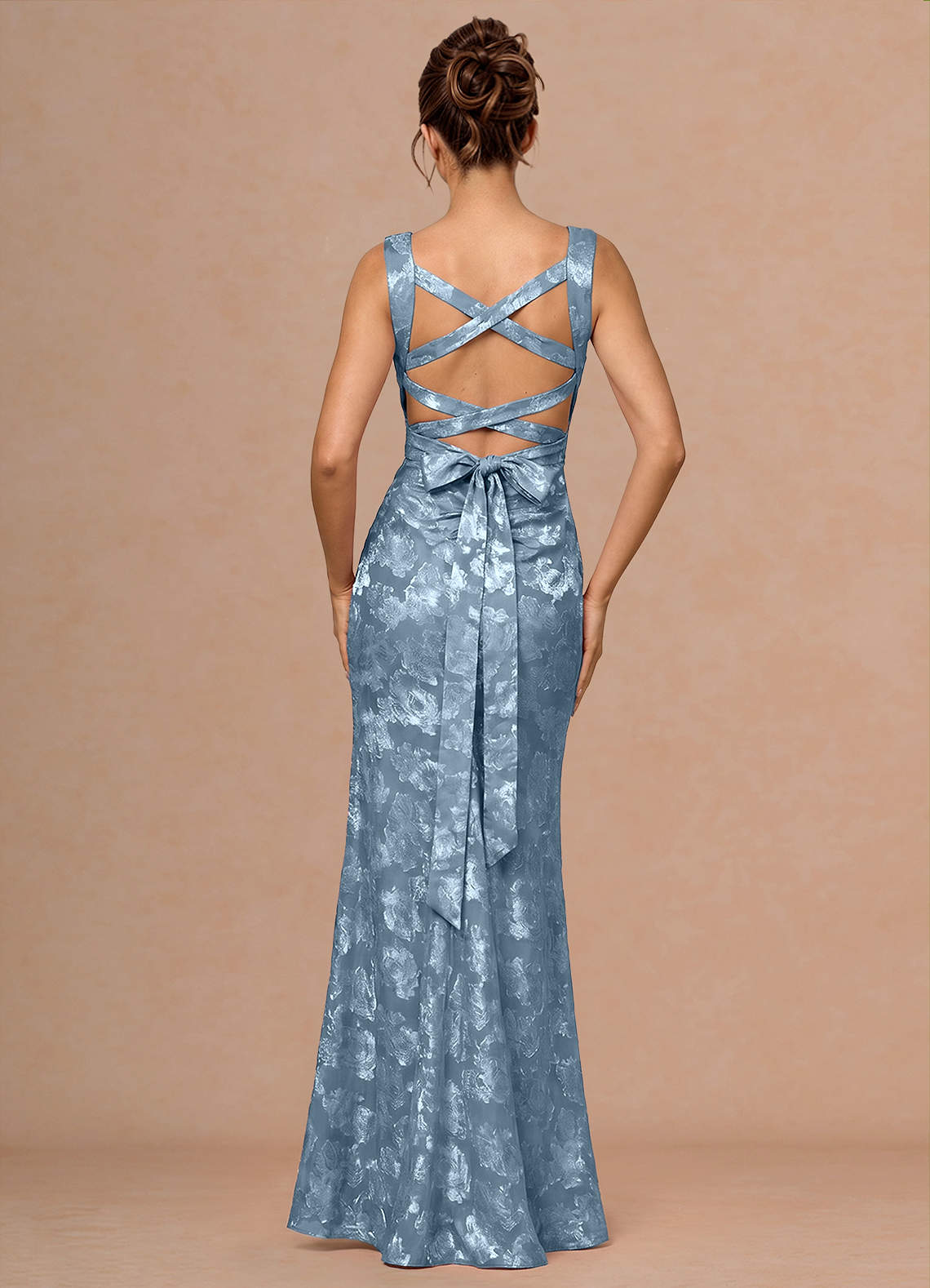 Rosalie Mermaid Cowl-Neck Fil Coupé Evening Dress in Dusty Blue